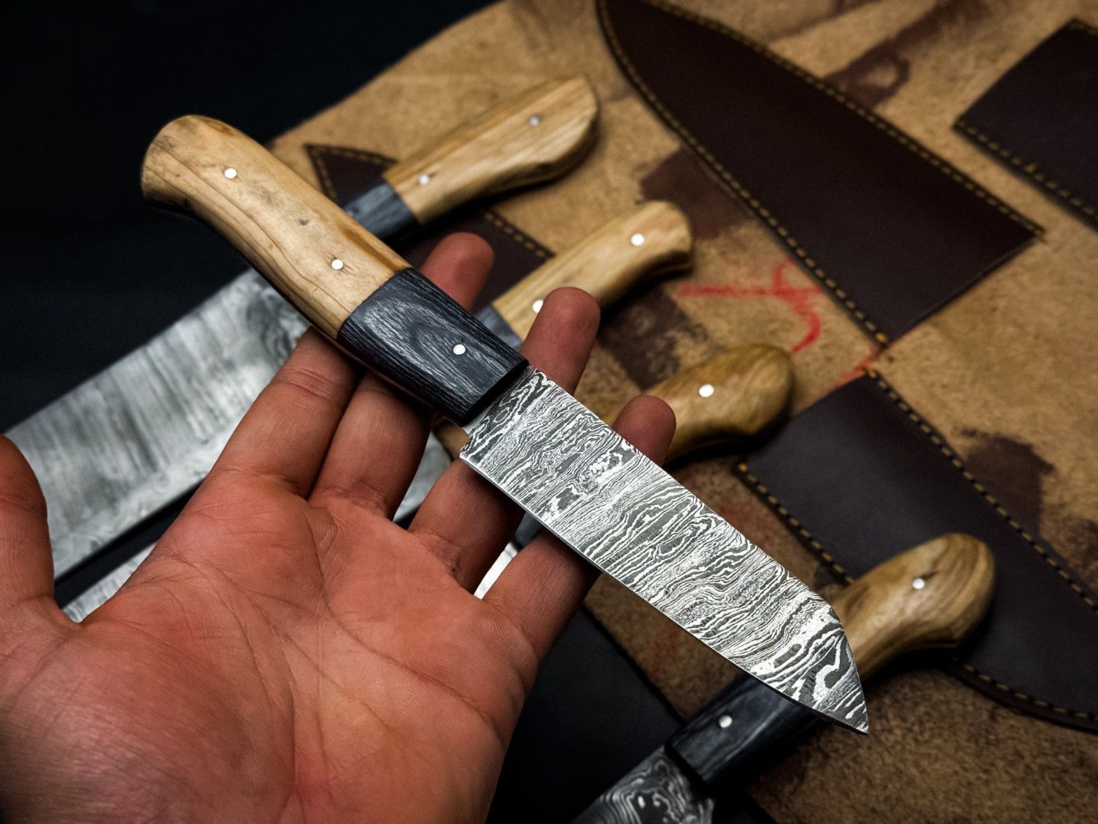 Handmade Twist Damascus Chef Knife Set Of 5 With Wooden Bolsters  Sheath 1