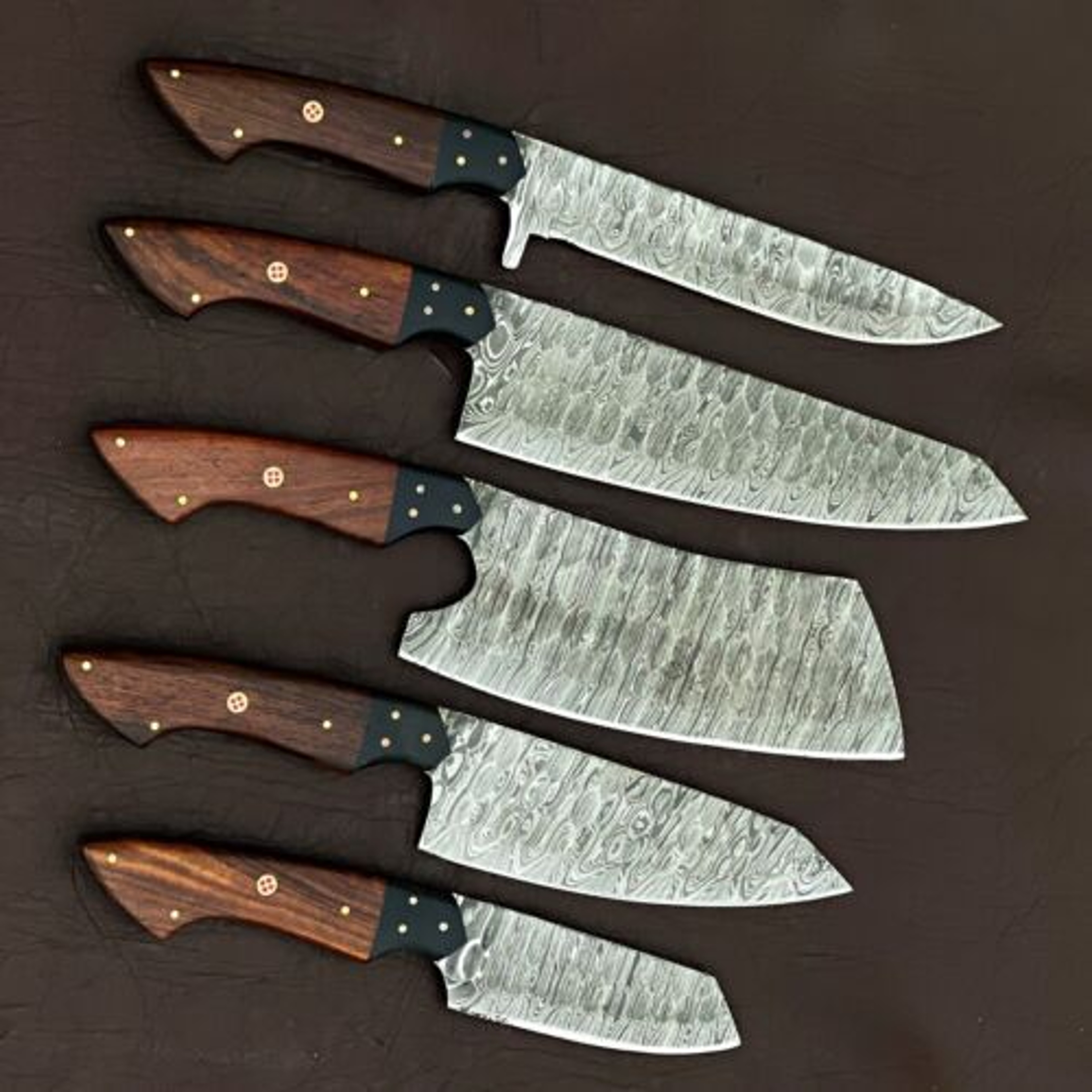 5PCS Custom Handmade Damascus Steel Kitchen Knife Set With Leather Bag 2
