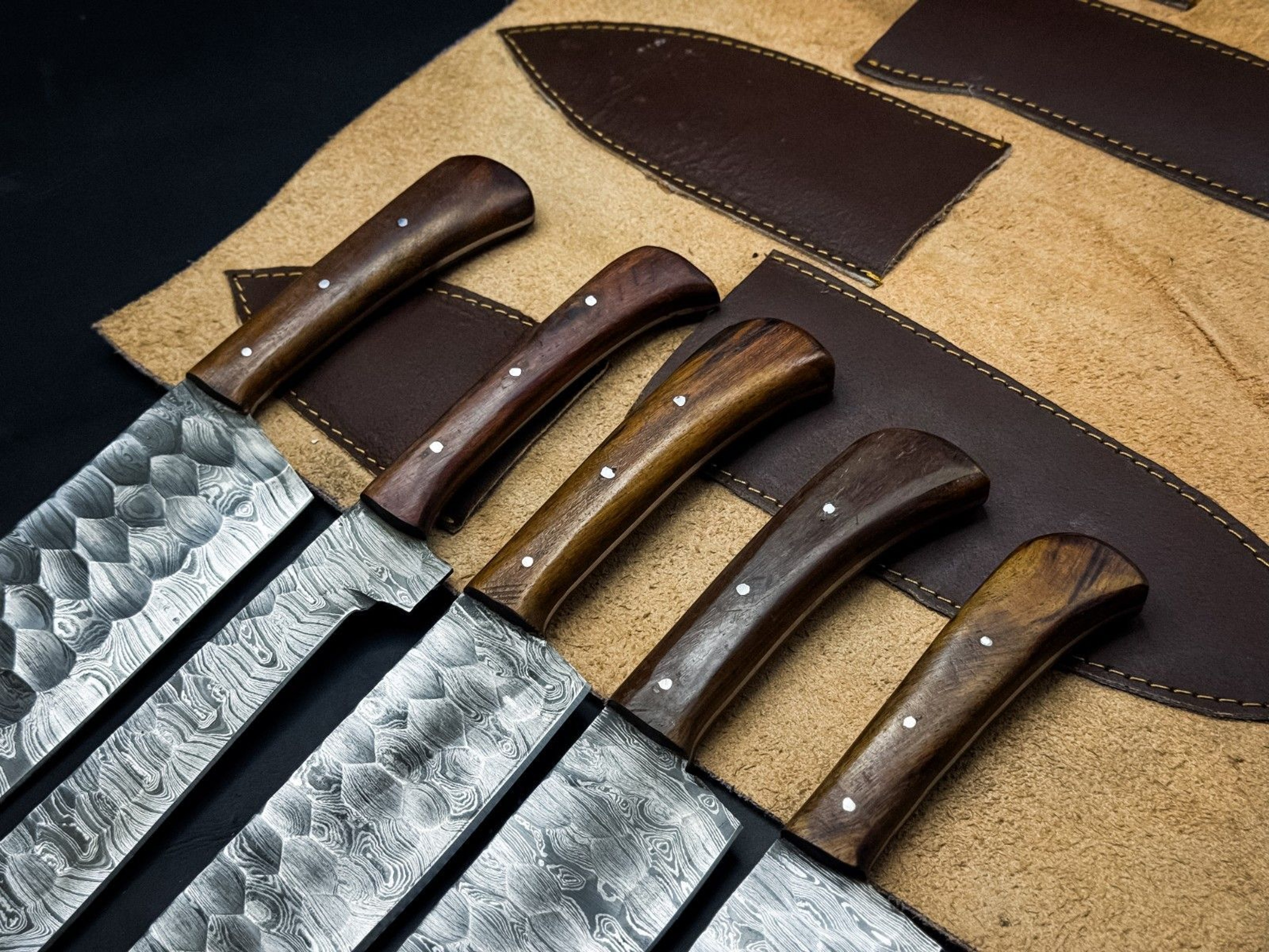 Handmade Twist Damascus Chef Knife Set Of 5 With Wooden Bolsters 1