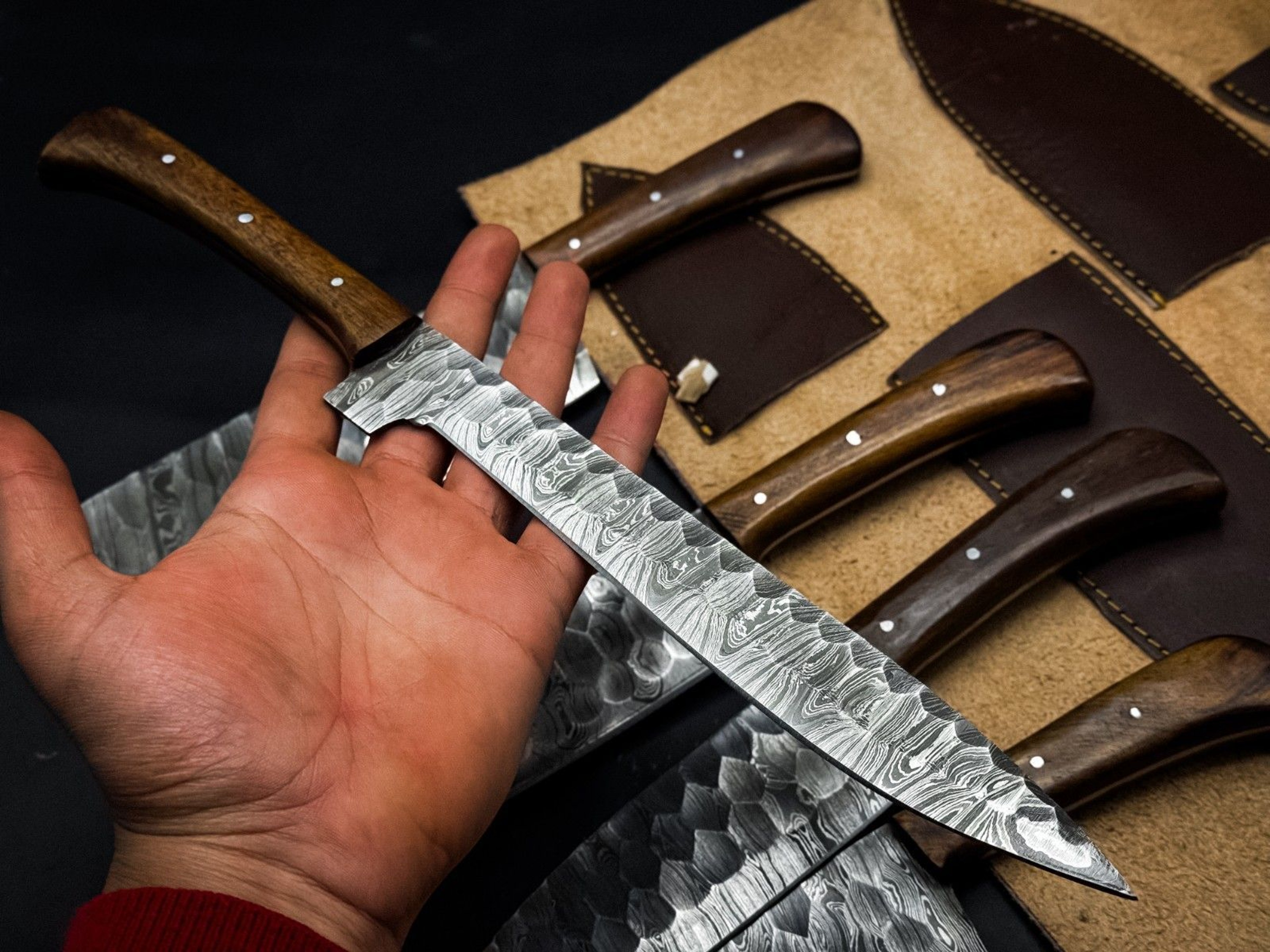 Handmade Twist Damascus Chef Knife Set Of 5 With Wooden Bolsters 3