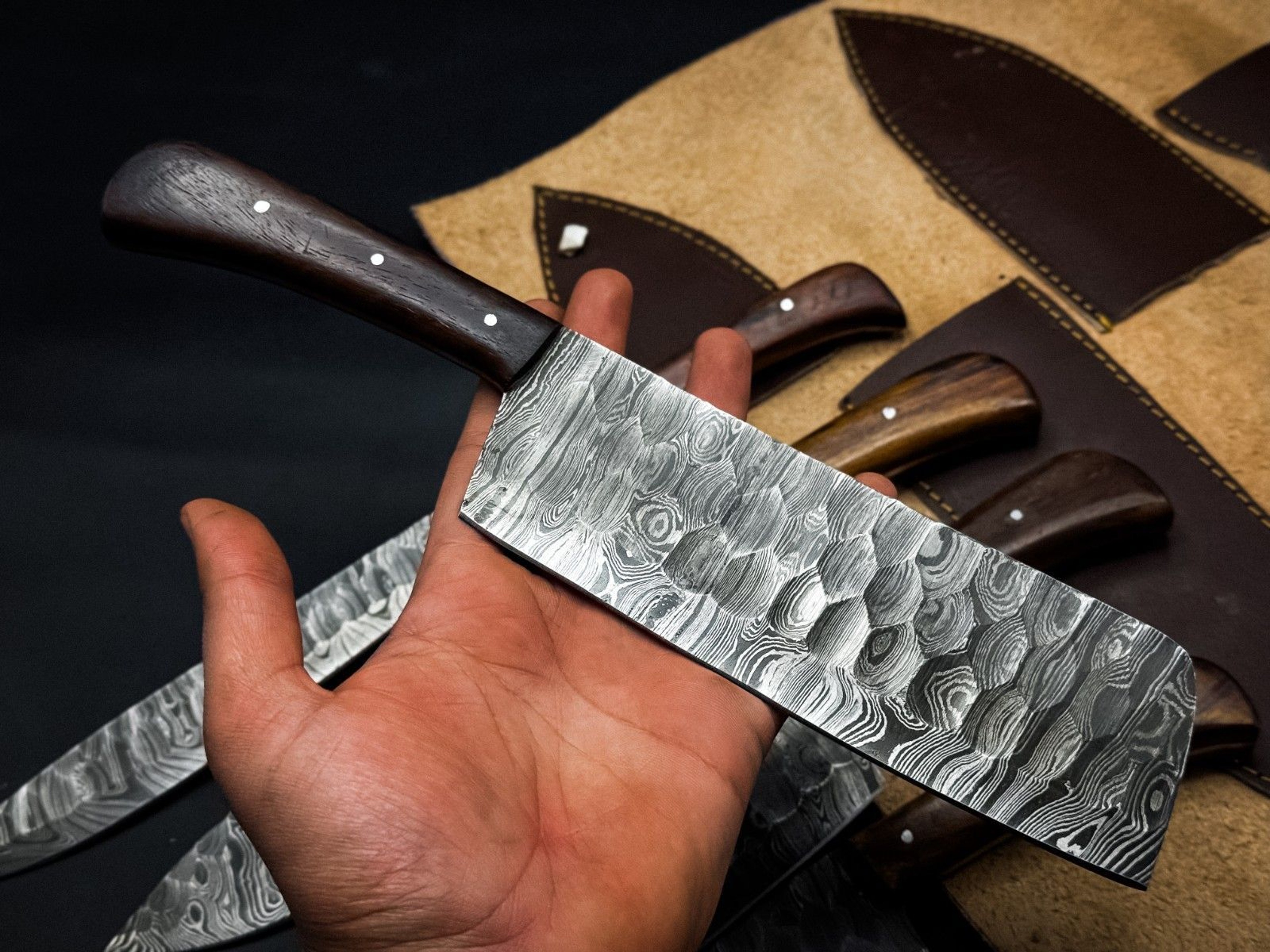 Handmade Twist Damascus Chef Knife Set Of 5 With Wooden Bolsters 4