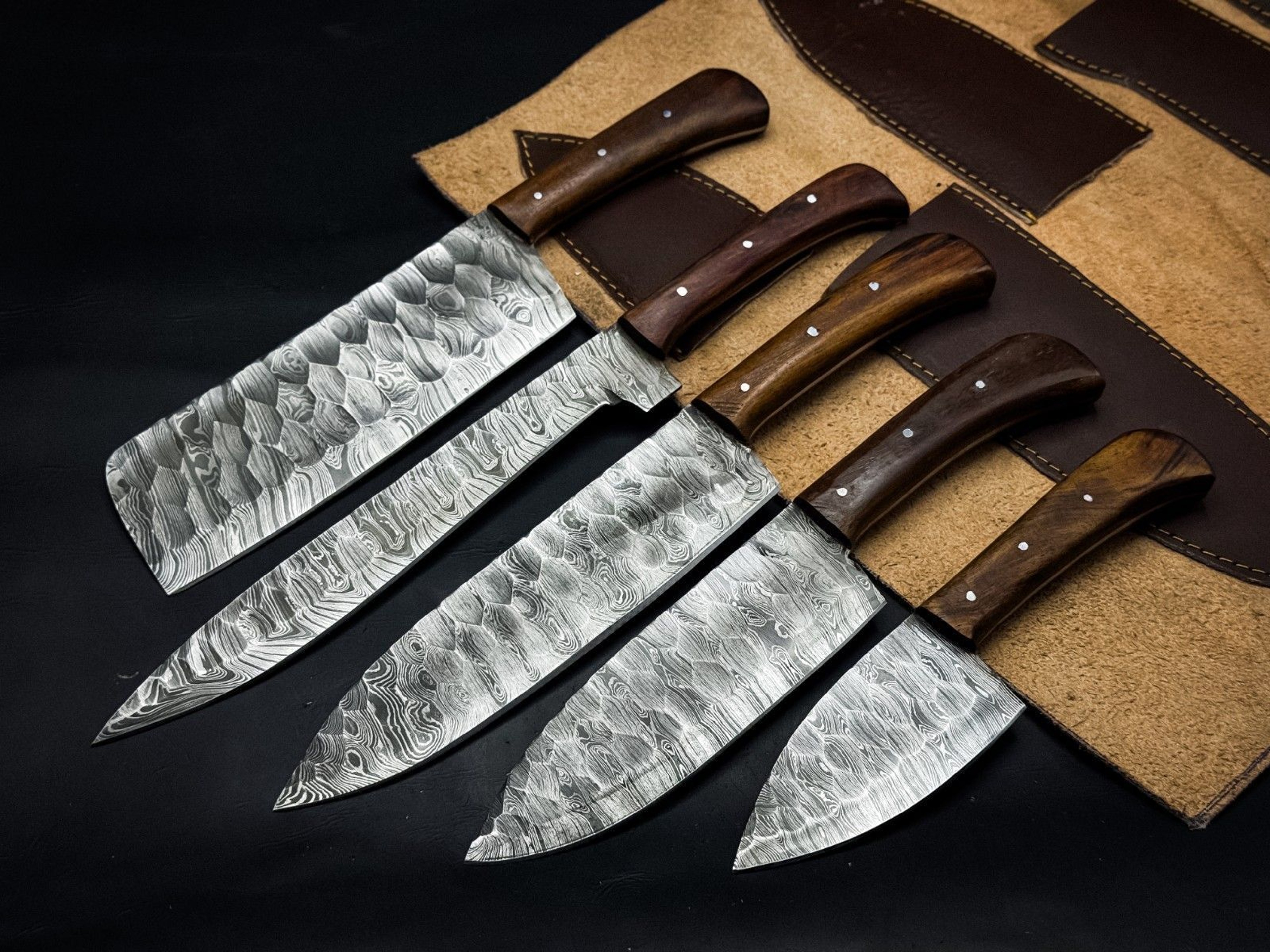 Handmade Twist Damascus Chef Knife Set Of 5 With Wooden Bolsters 0