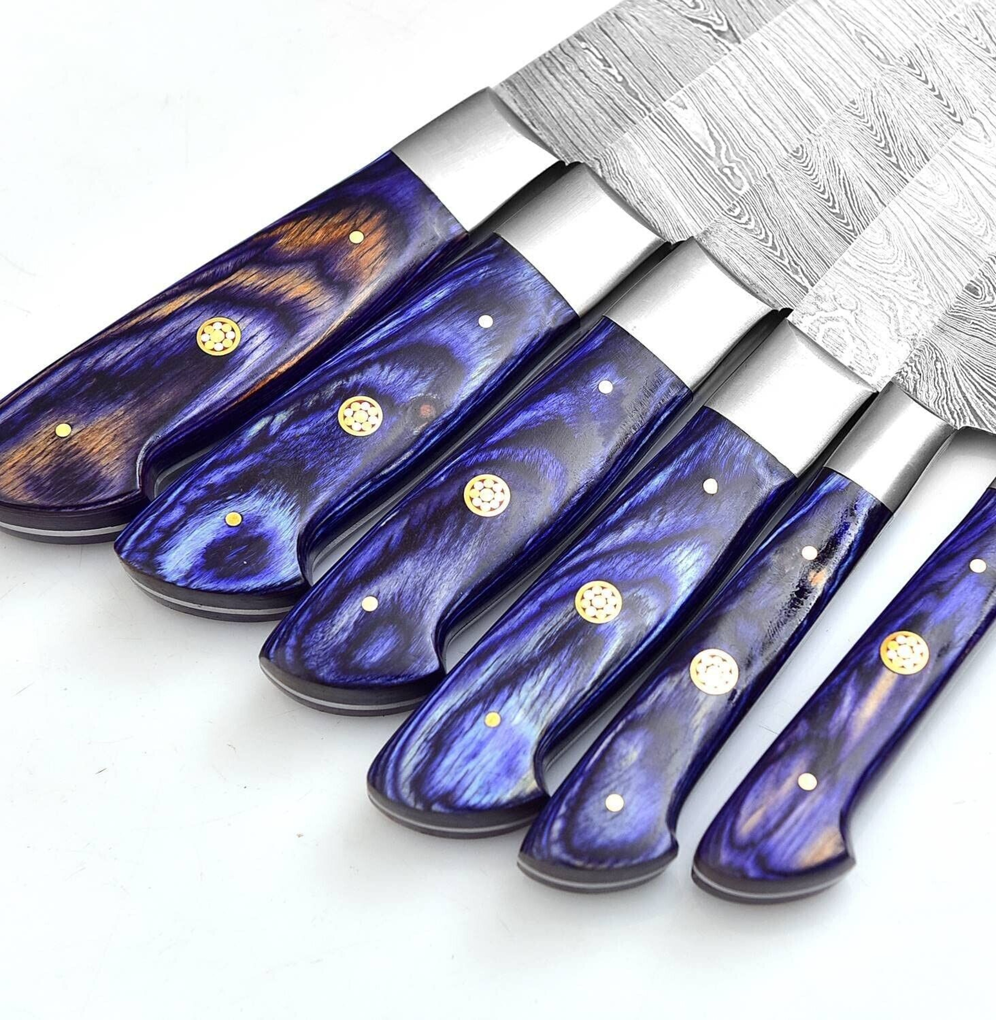 Custom Handmade Damascus Steel Kitchen Chef Knife Set  6Piece With Leather Roll  Purple Wood Handle 2