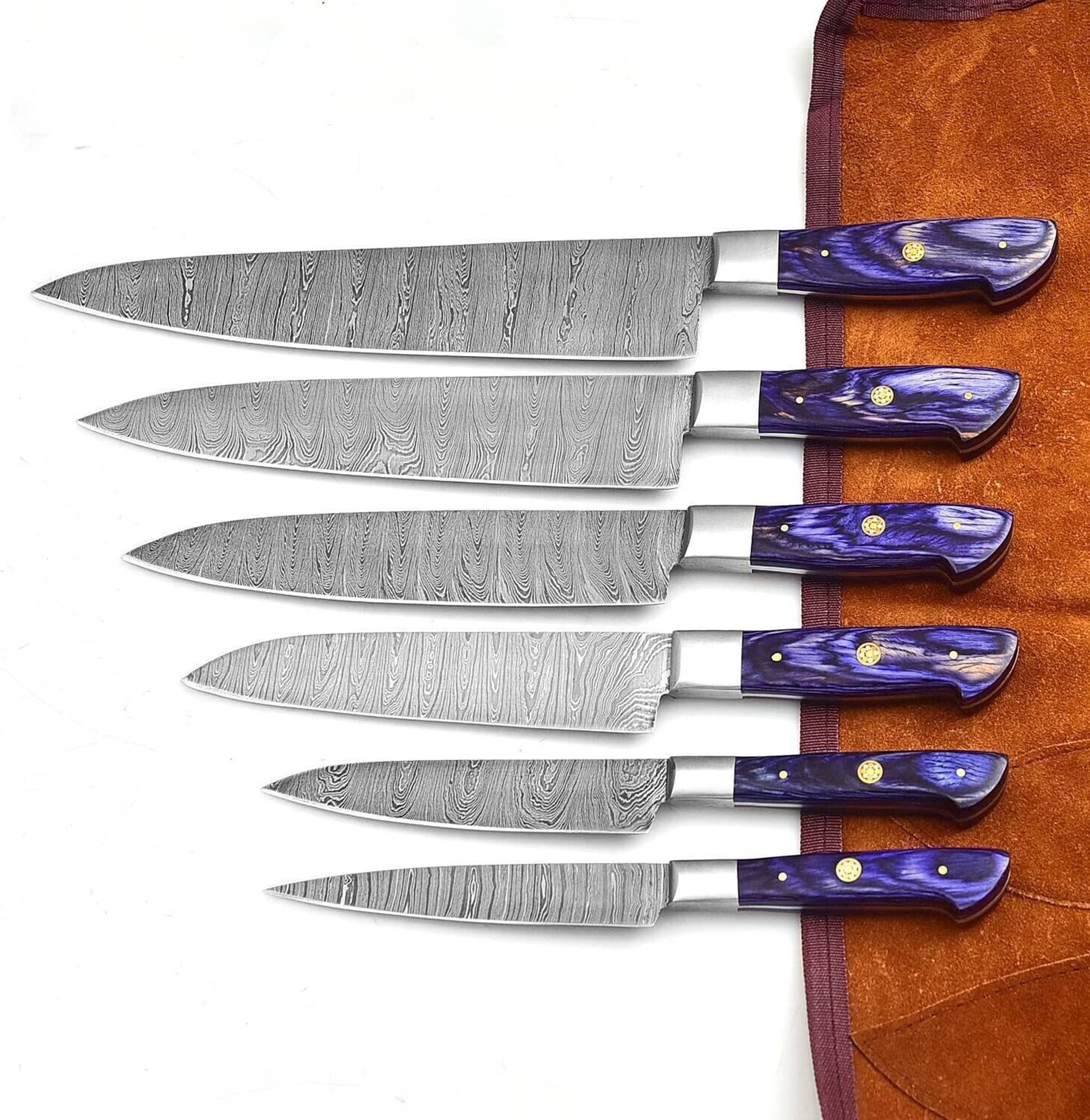Custom Handmade Damascus Steel Kitchen Chef Knife Set  6Piece With Leather Roll  Purple Wood Handle 0