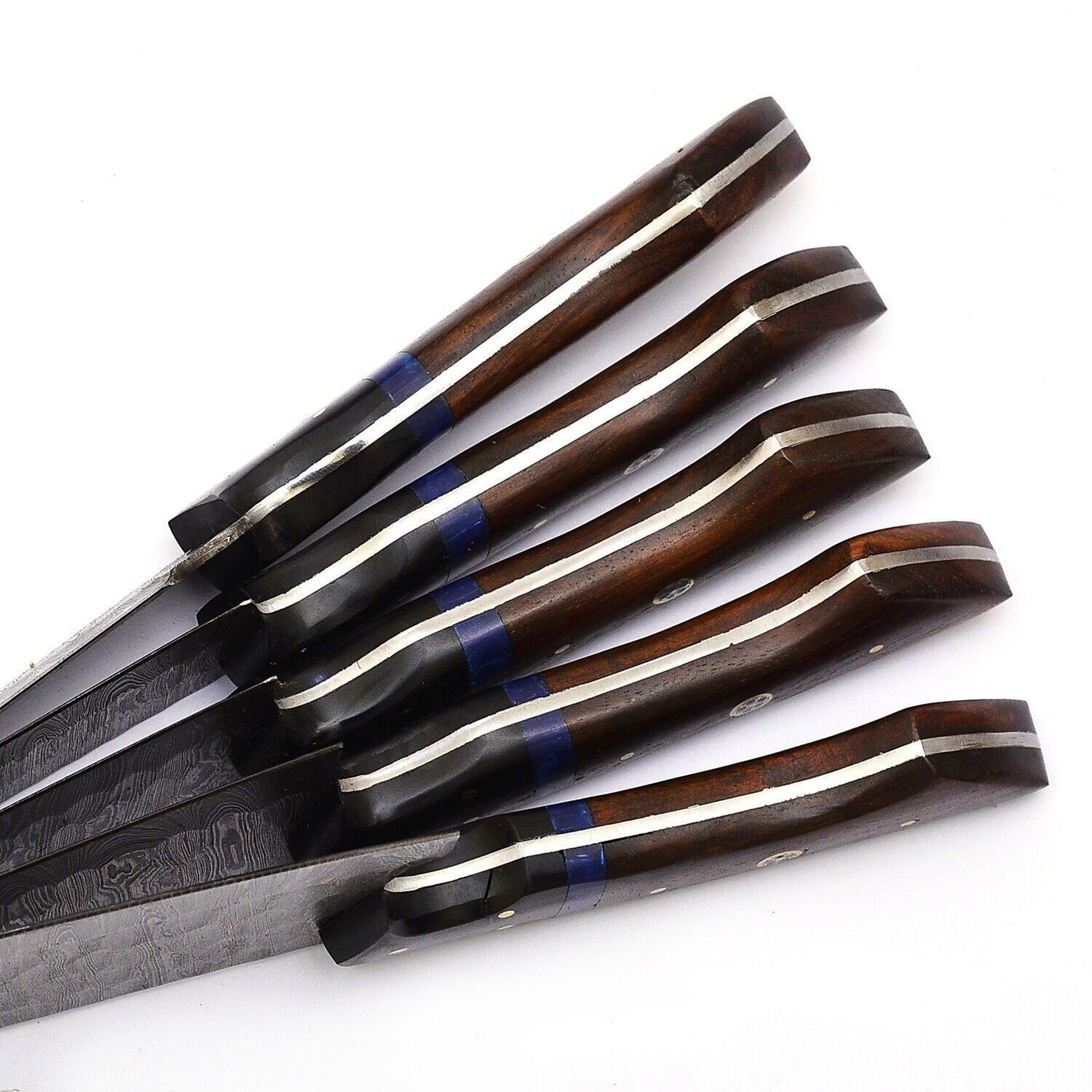 Handmade Damascus Steel 5Piece Chef Knife Set  Outdoor Kitchen Knives With Rosewood  Horn Bolsters 1