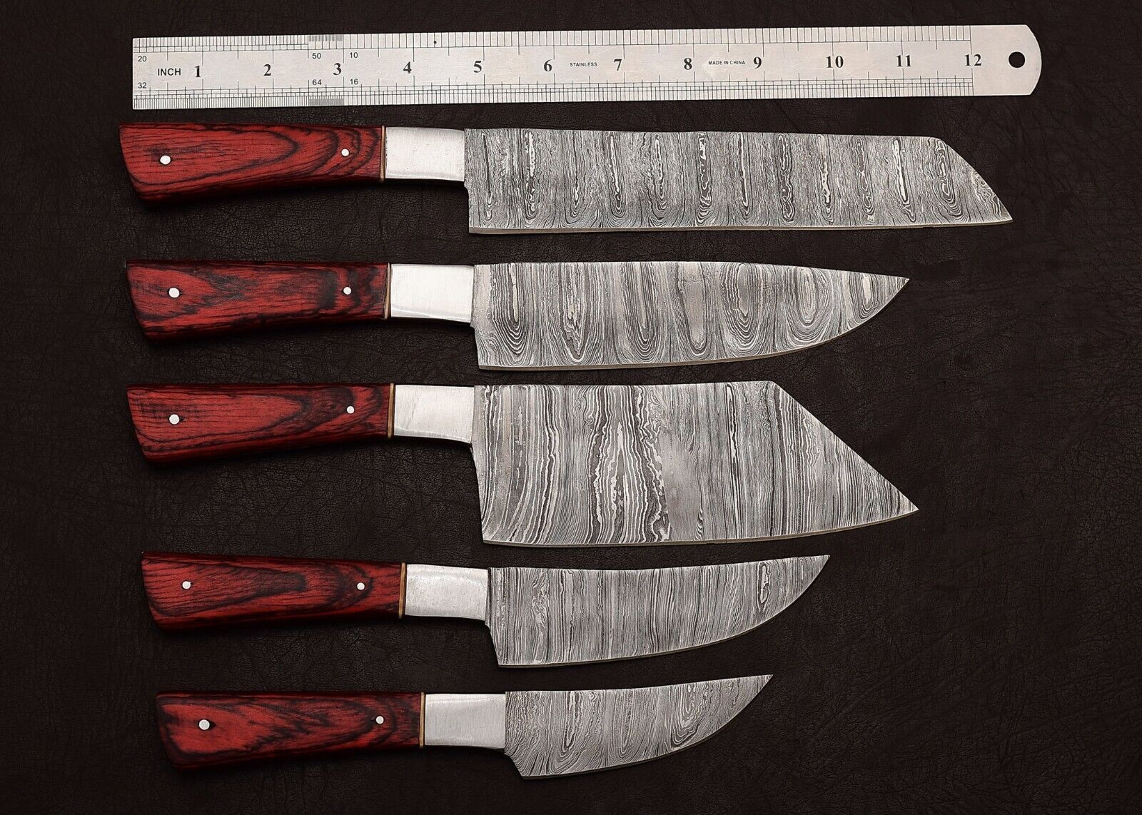 Handmade Damascus Steel Outdoor Kitchen 5 Chef Knives Set With Pakka Wood 0
