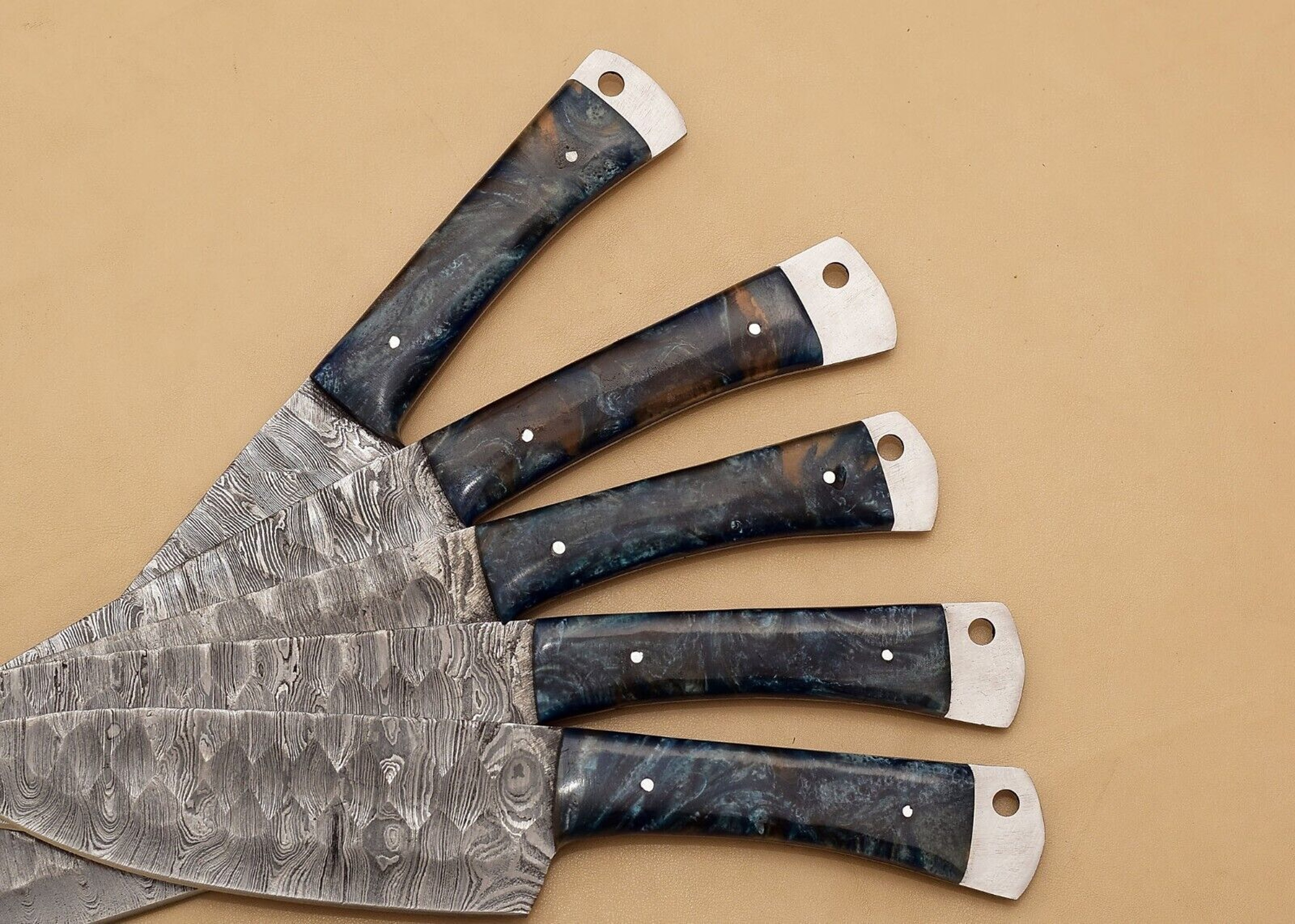 Handmade Twist Damascus Chef Knife Set Of 5  Hardwood Handle  Steel Bolster  Full Tang EDC Knives W 1