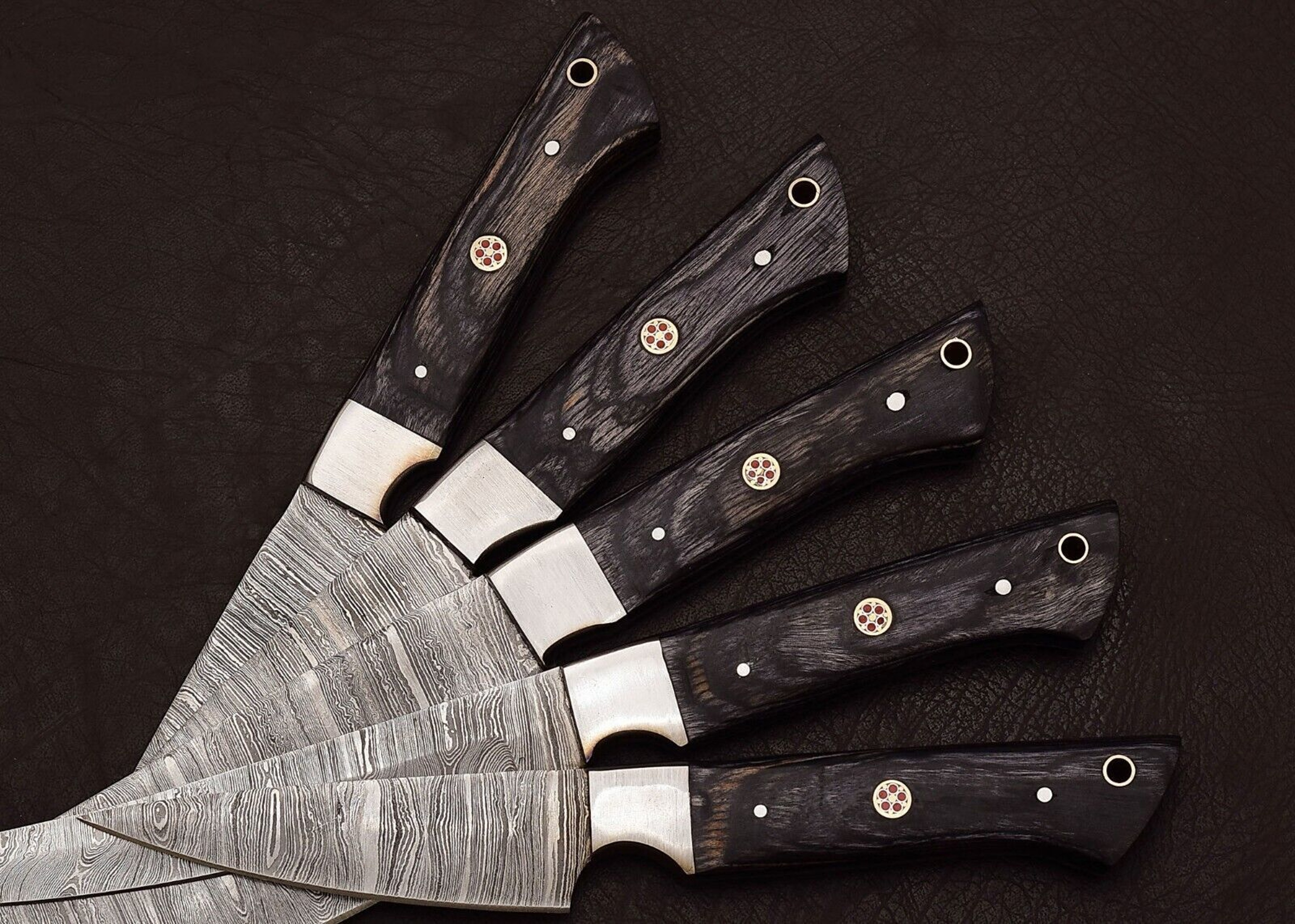 Handmade Damascus Steel Outdoor Kitchen Chef Knife Set Of 5  Hard Wood Handle  Full Tang With Leath 1