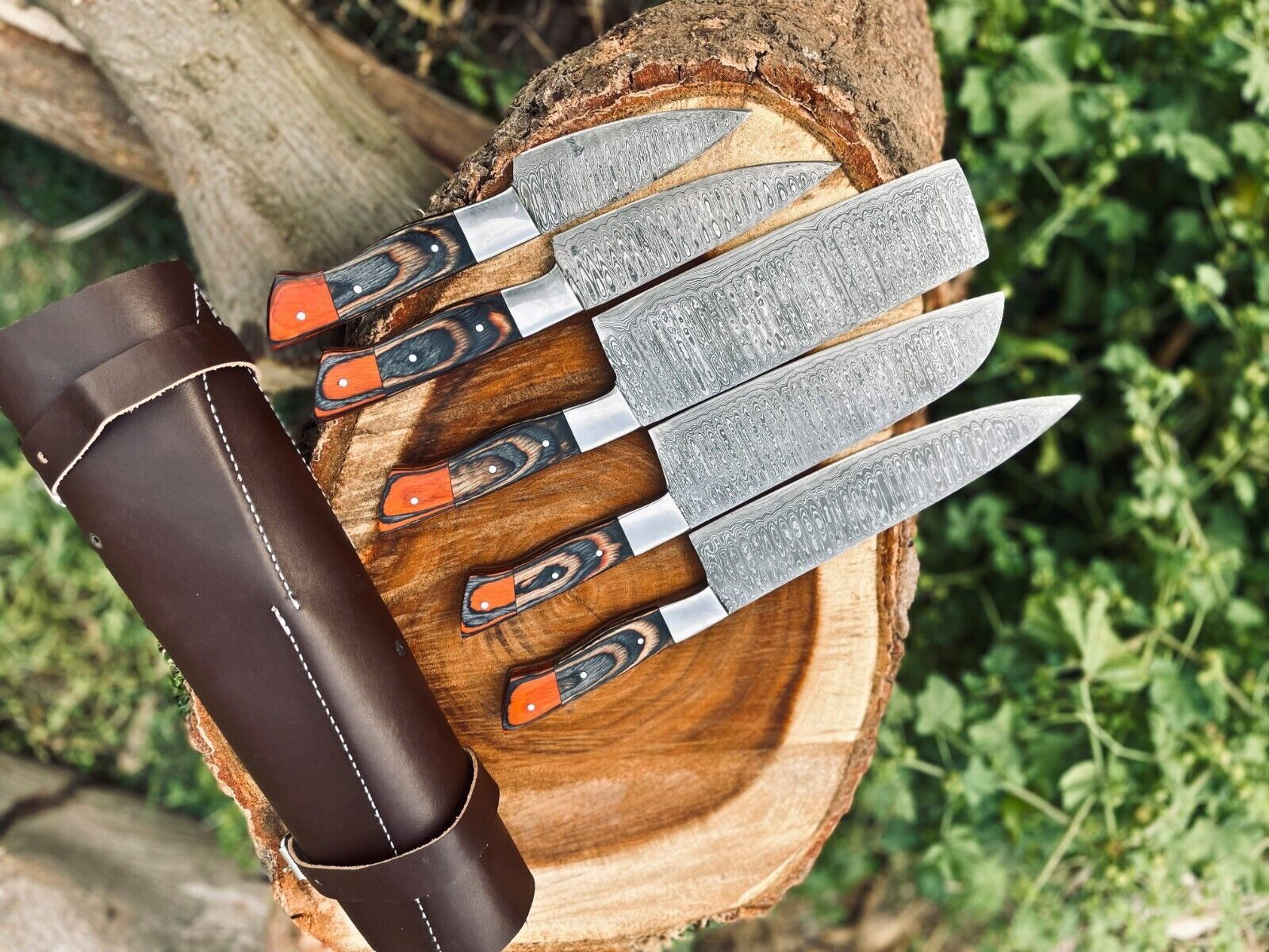 Custom Handmade Damascus Steel Kitchen Chef Knife Set With Wood Handles  Leather Roll Bag  5Piece H 2