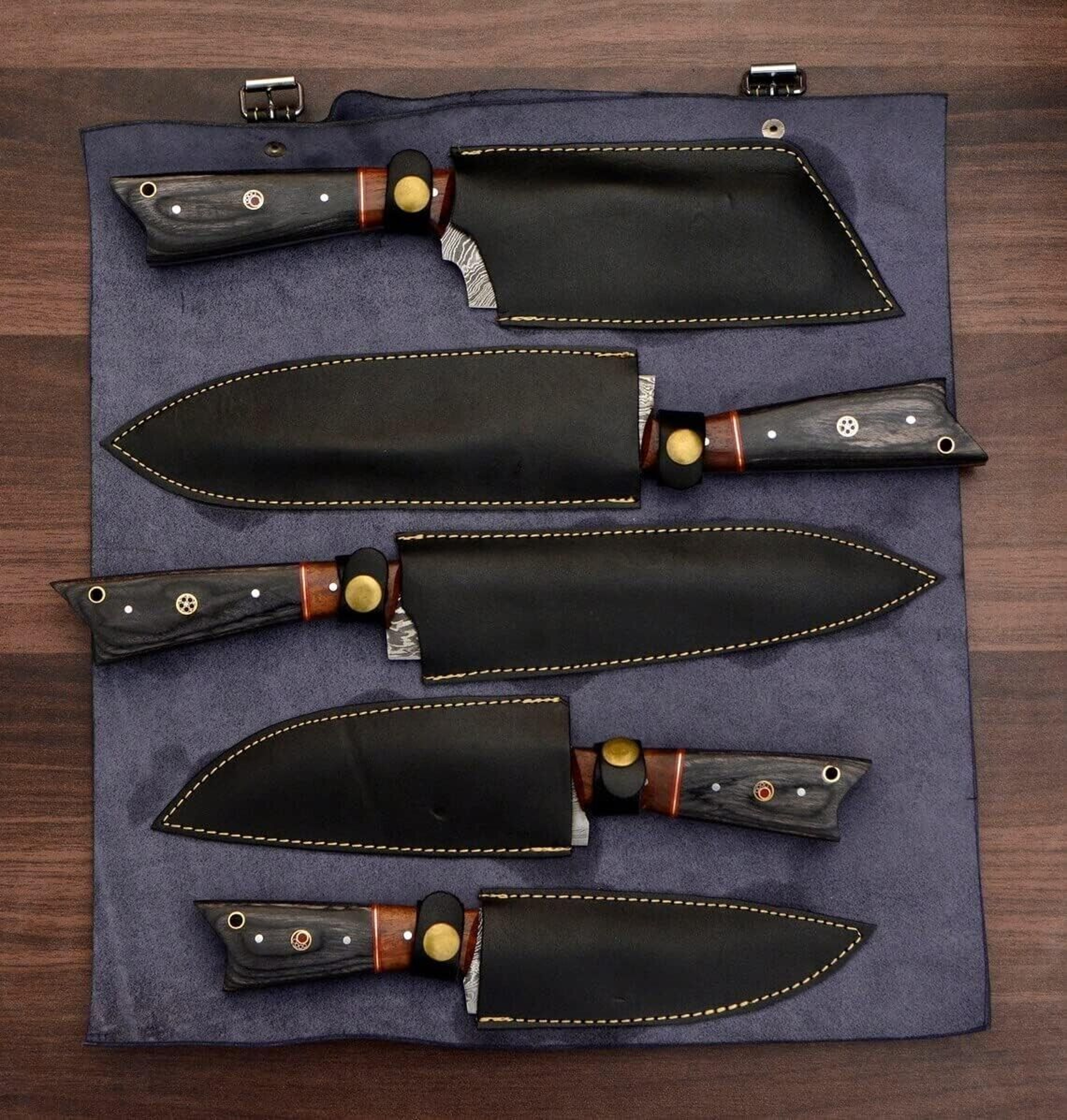 Set Of 5 Handmade Damascus Steel Chef Knives  Custom Hand Forged Kitchen Knife Set With Leather Rol 2