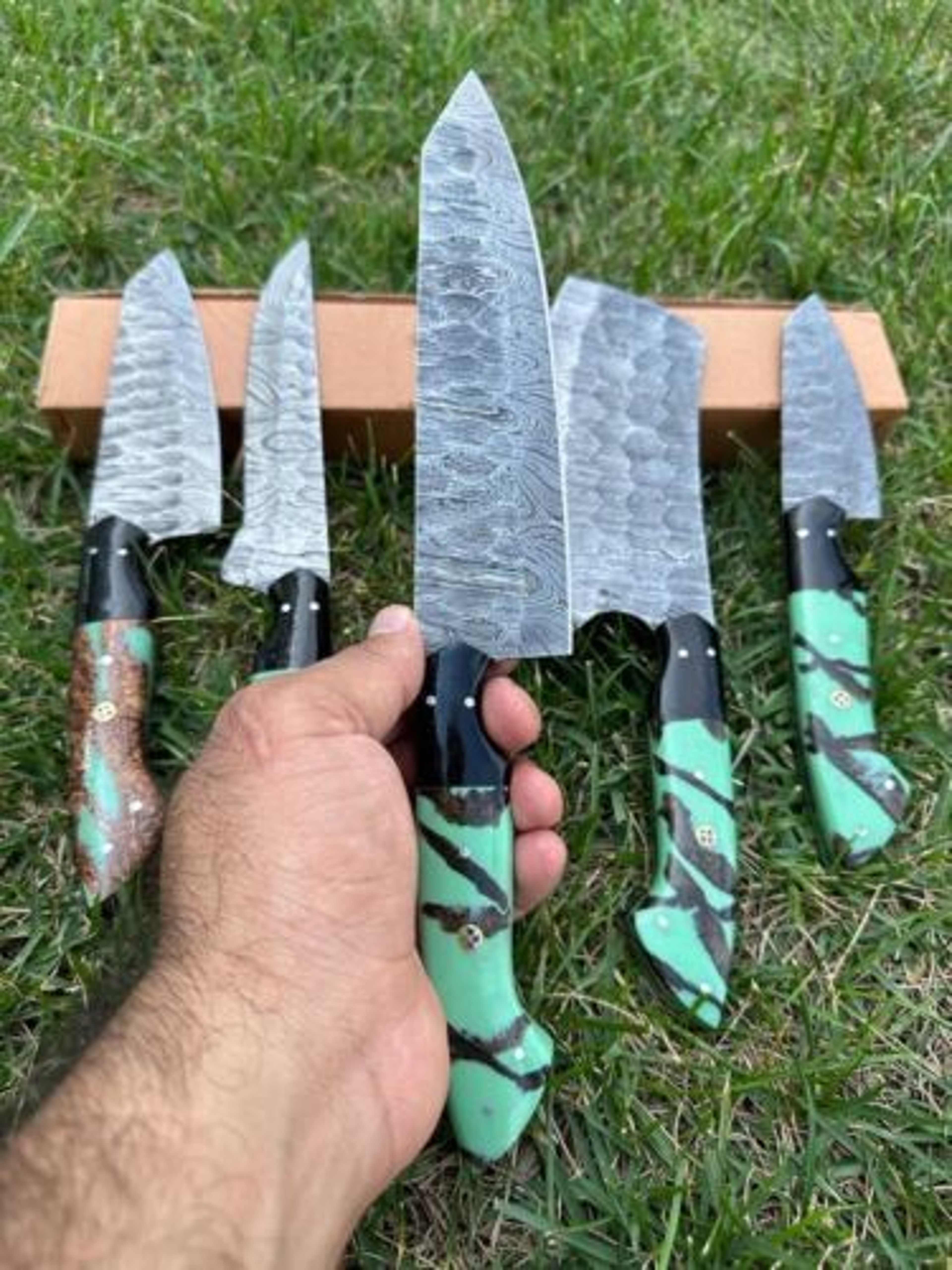 Custom Handmade Damascus Steel Chef Knife Set  5Piece Full Tang Kitchen Cutlery With Wooden Handle 1