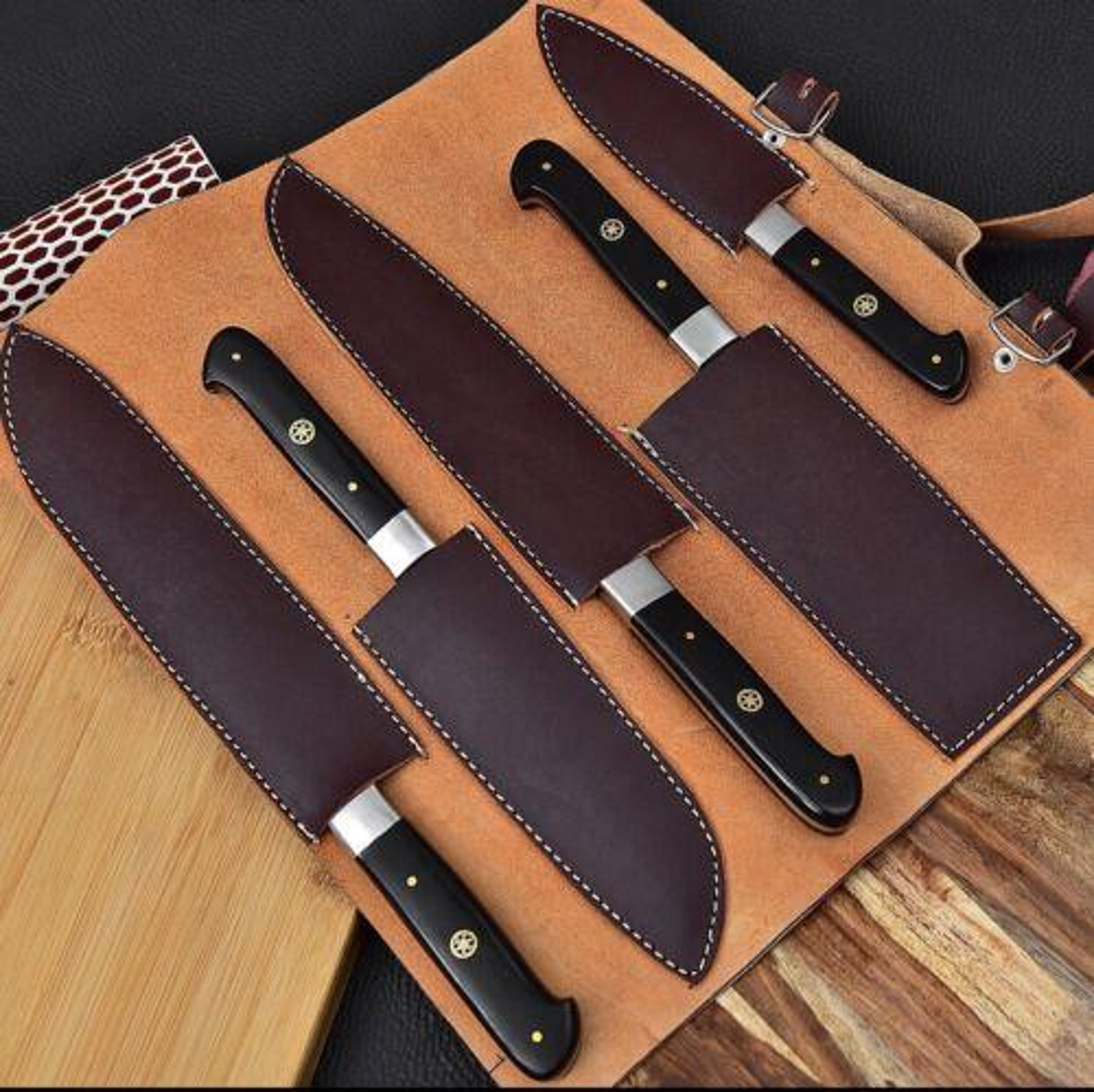 Custom Handmade Forged Damascus 5Piece Kitchen Chef Knife Set With Sheath 3