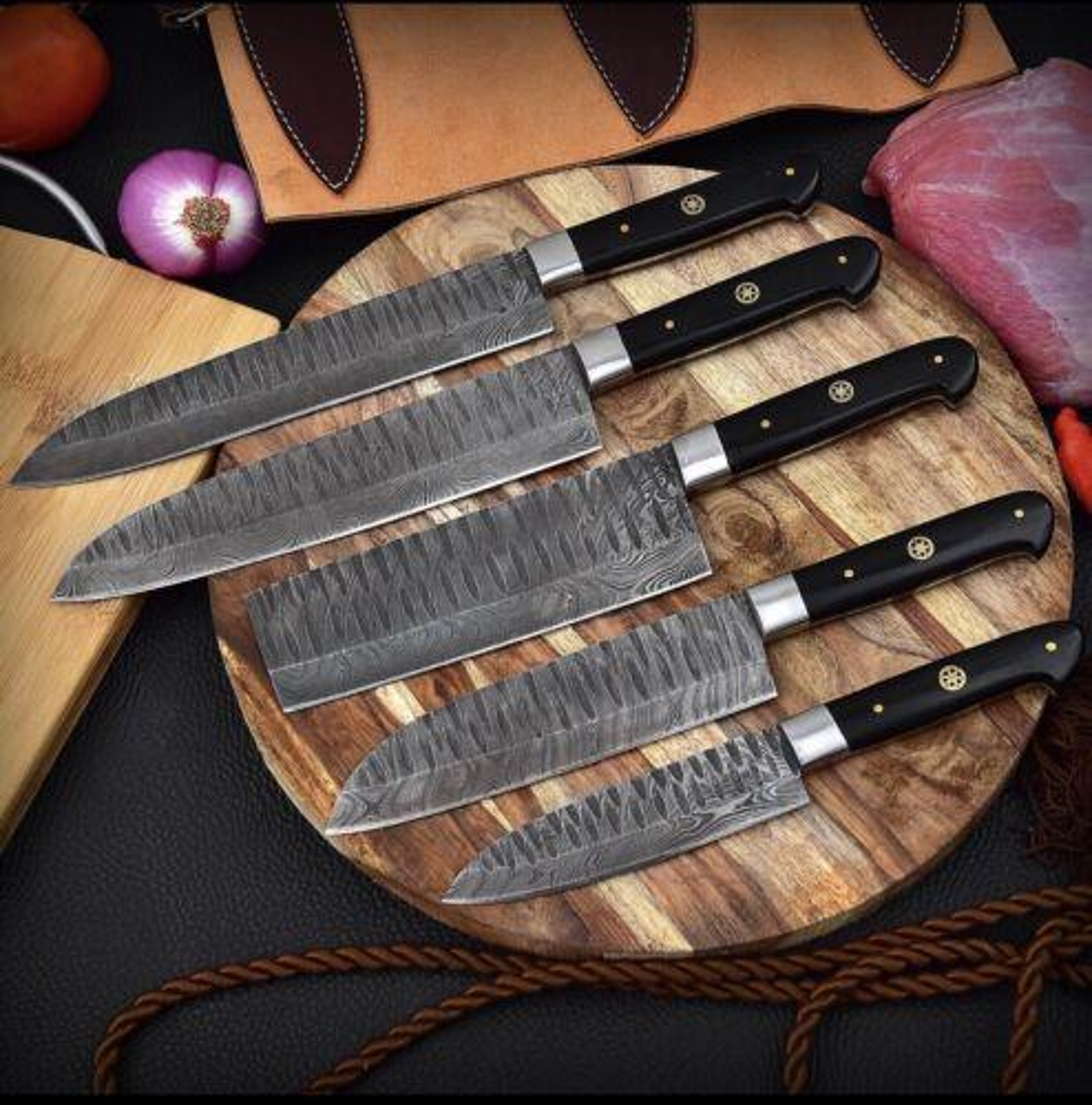 Custom Handmade Forged Damascus 5Piece Kitchen Chef Knife Set With Sheath 0