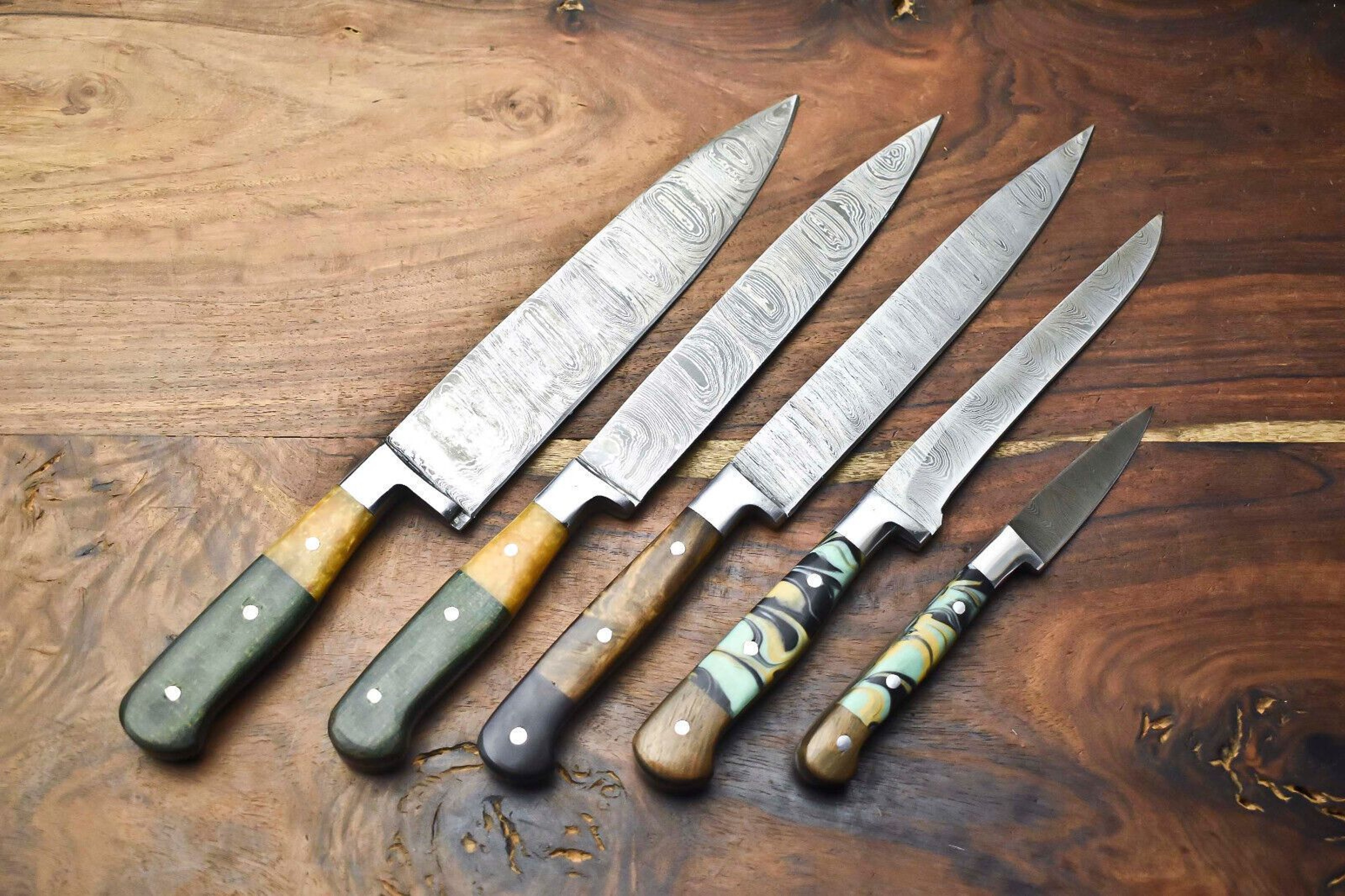 Custom Lot Of 5 Handmade Damascus Steel Chef Knives  Hammered Kitchen Knife Set 0