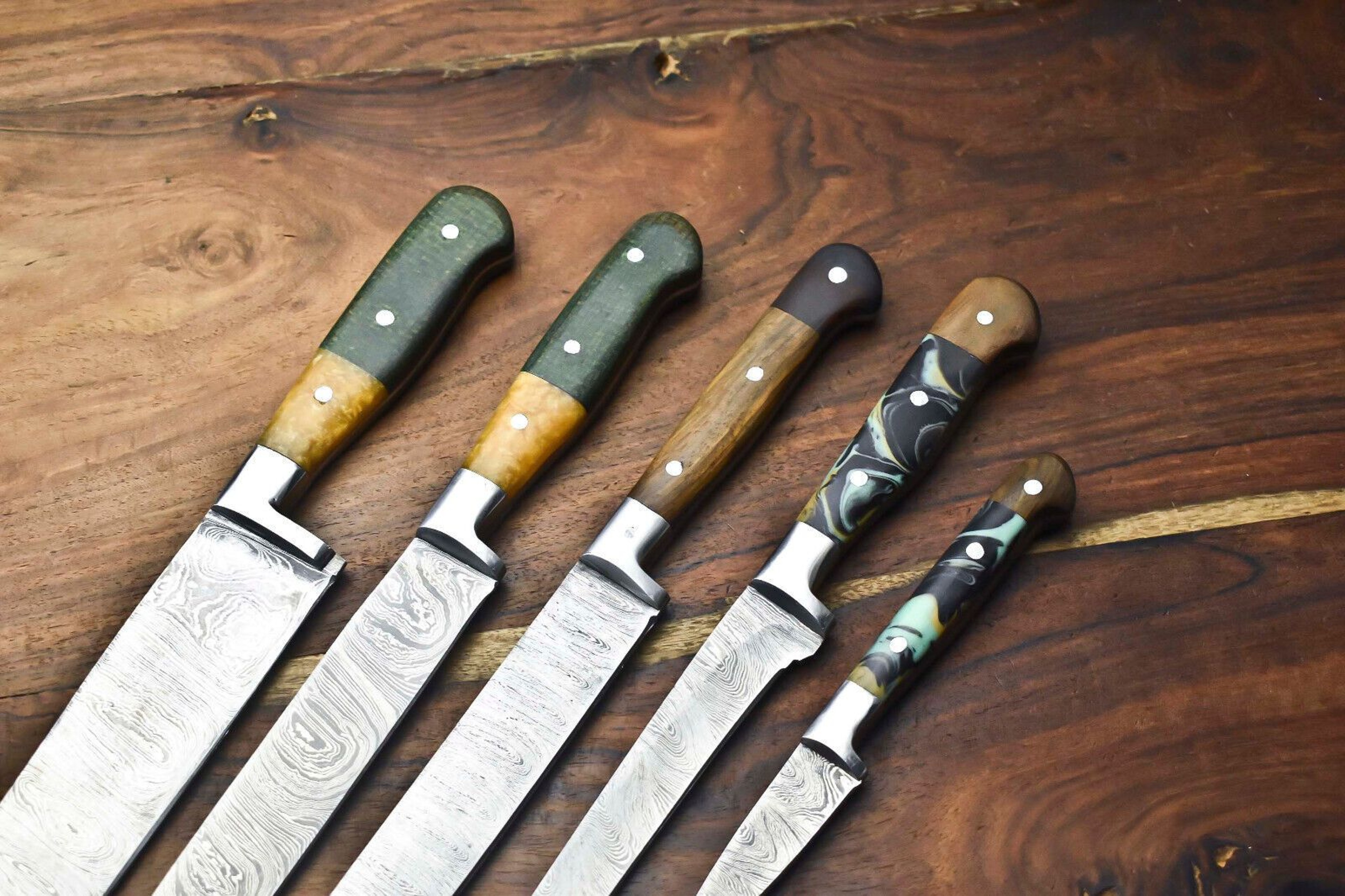 Custom Lot Of 5 Handmade Damascus Steel Chef Knives  Hammered Kitchen Knife Set 1