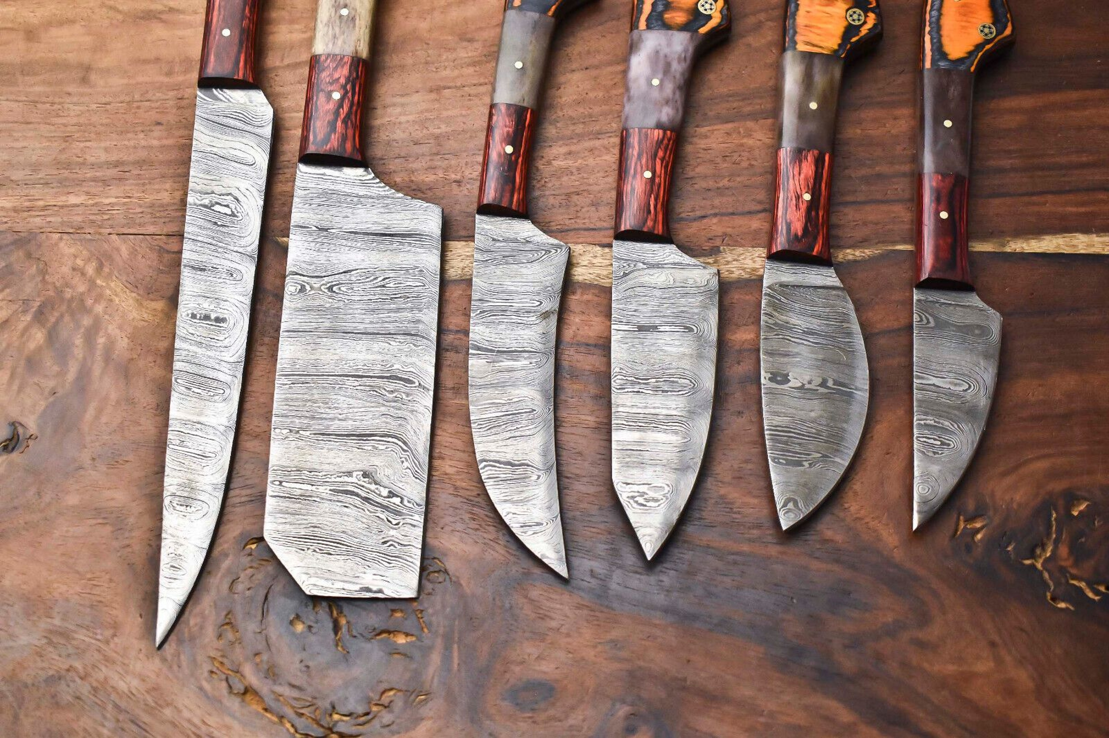 Lot Of 6 Handmade Hammered Damascus Steel Chef Knife Set  Custom Forged Kitchen Knives 3