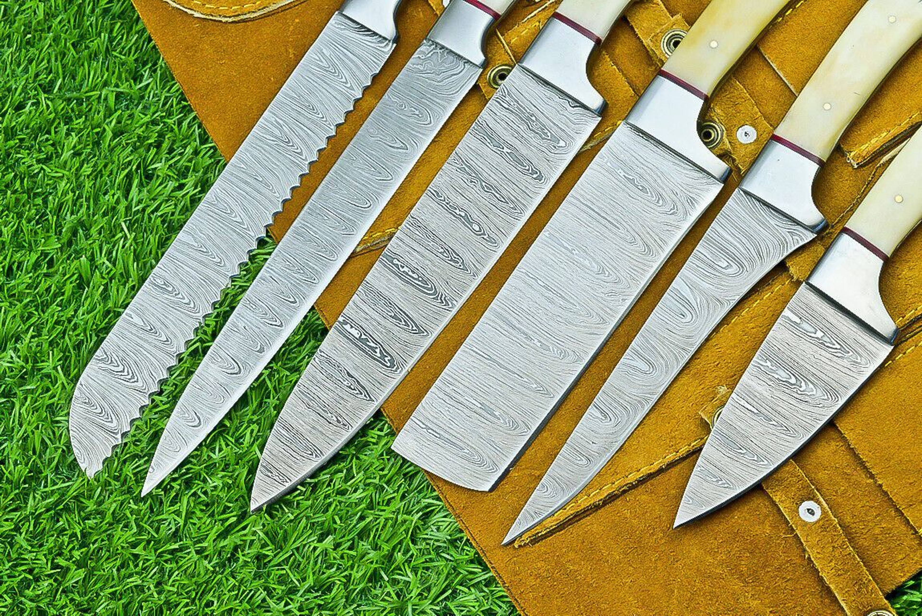 6 PCS Handmade Damascus Steel Chef Knife Set  Professional Kitchen Knives With Leather Roll Sheath 1