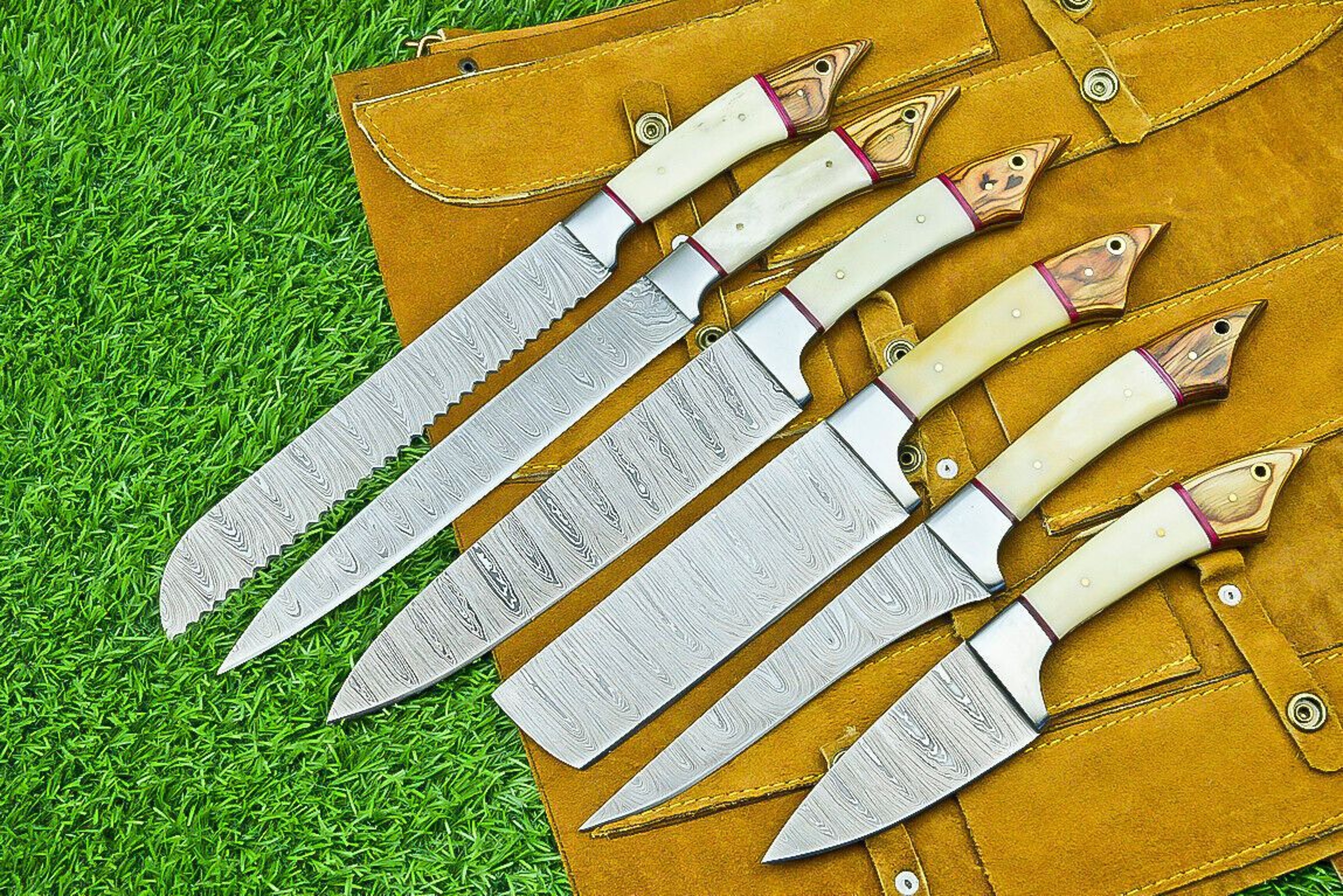 6 PCS Handmade Damascus Steel Chef Knife Set  Professional Kitchen Knives With Leather Roll Sheath 2