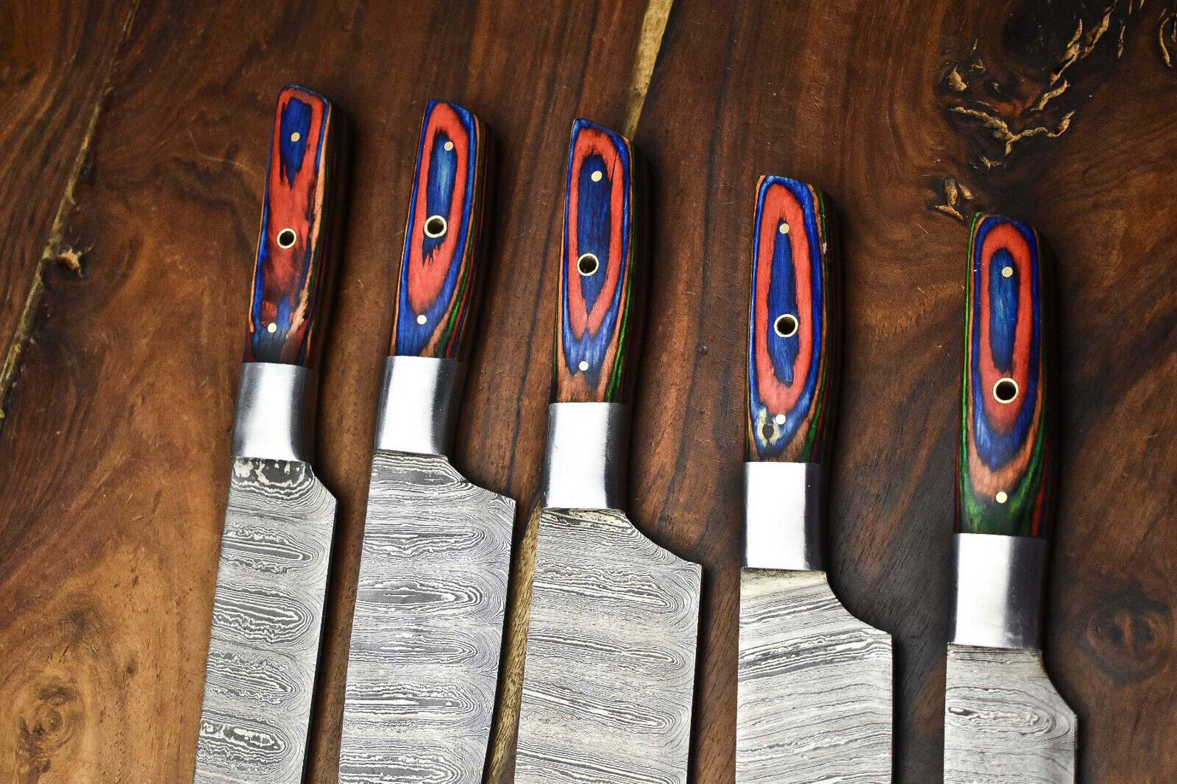 Custom Lot Of 5 Handmade Hammered Damascus Steel Chef Knives Set  Professional Kitchen Knife Collec 2