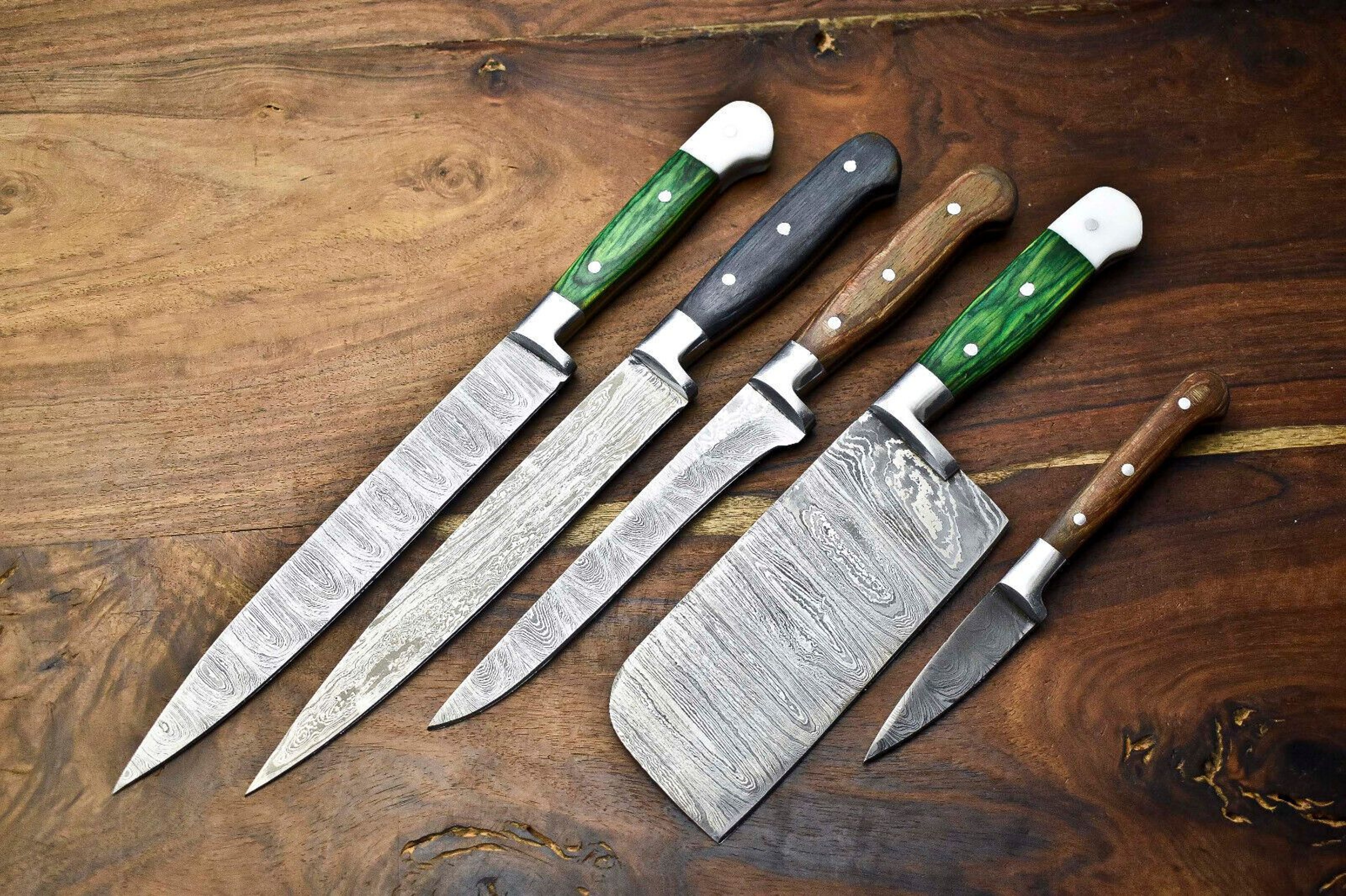 Lot Of 5 Handmade Damascus Steel Chef Knives Set  Hammered Full Tang Kitchen Knife Collection 3