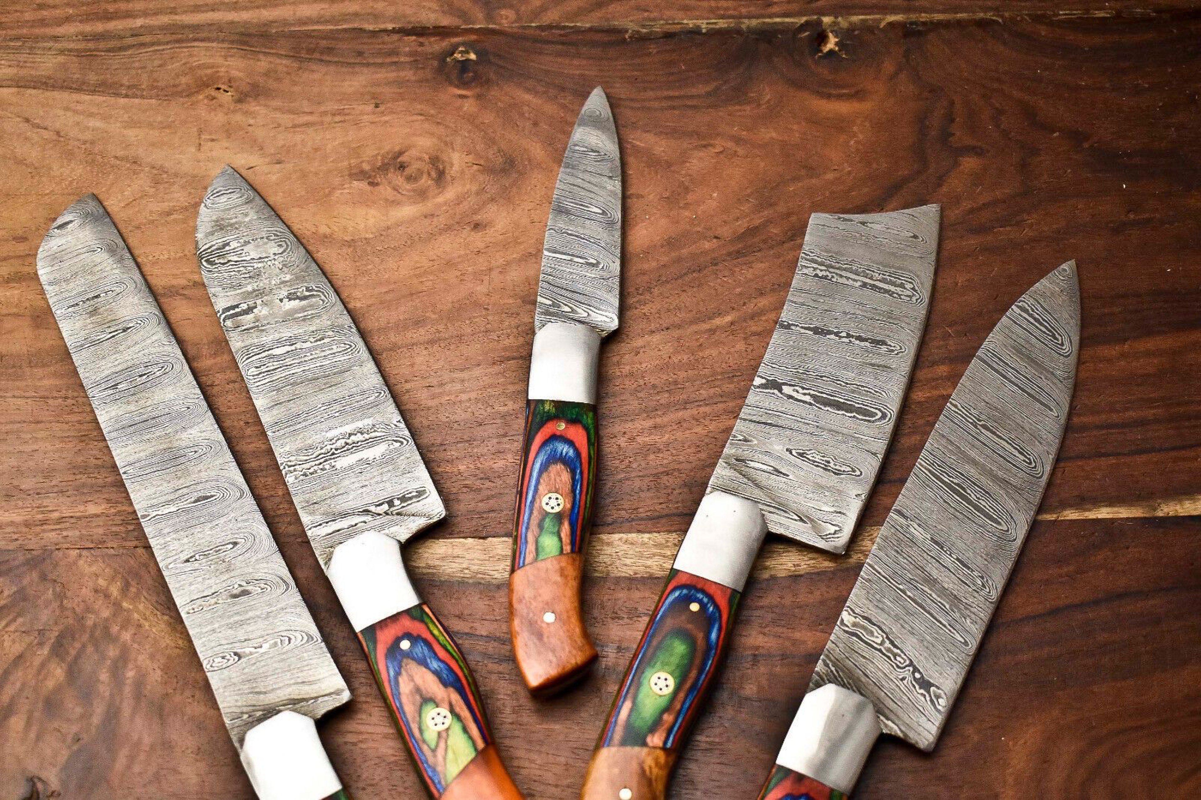Custom Damascus Steel Chef Knife Set  Handmade 5Piece Hammered Kitchen Knives Collection 1