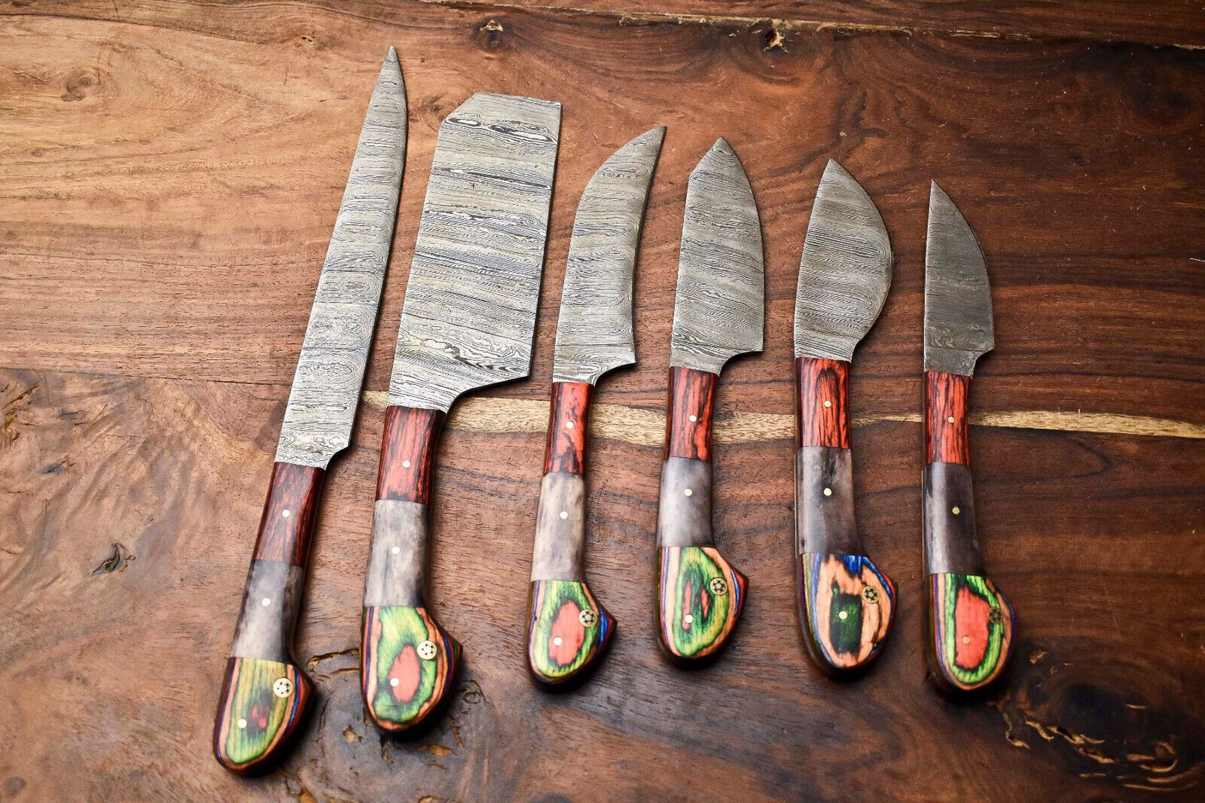 Custom Lot Of 6 Handmade Hammered Damascus Steel Chef Knives Set  Professional Kitchen Cutlery Coll