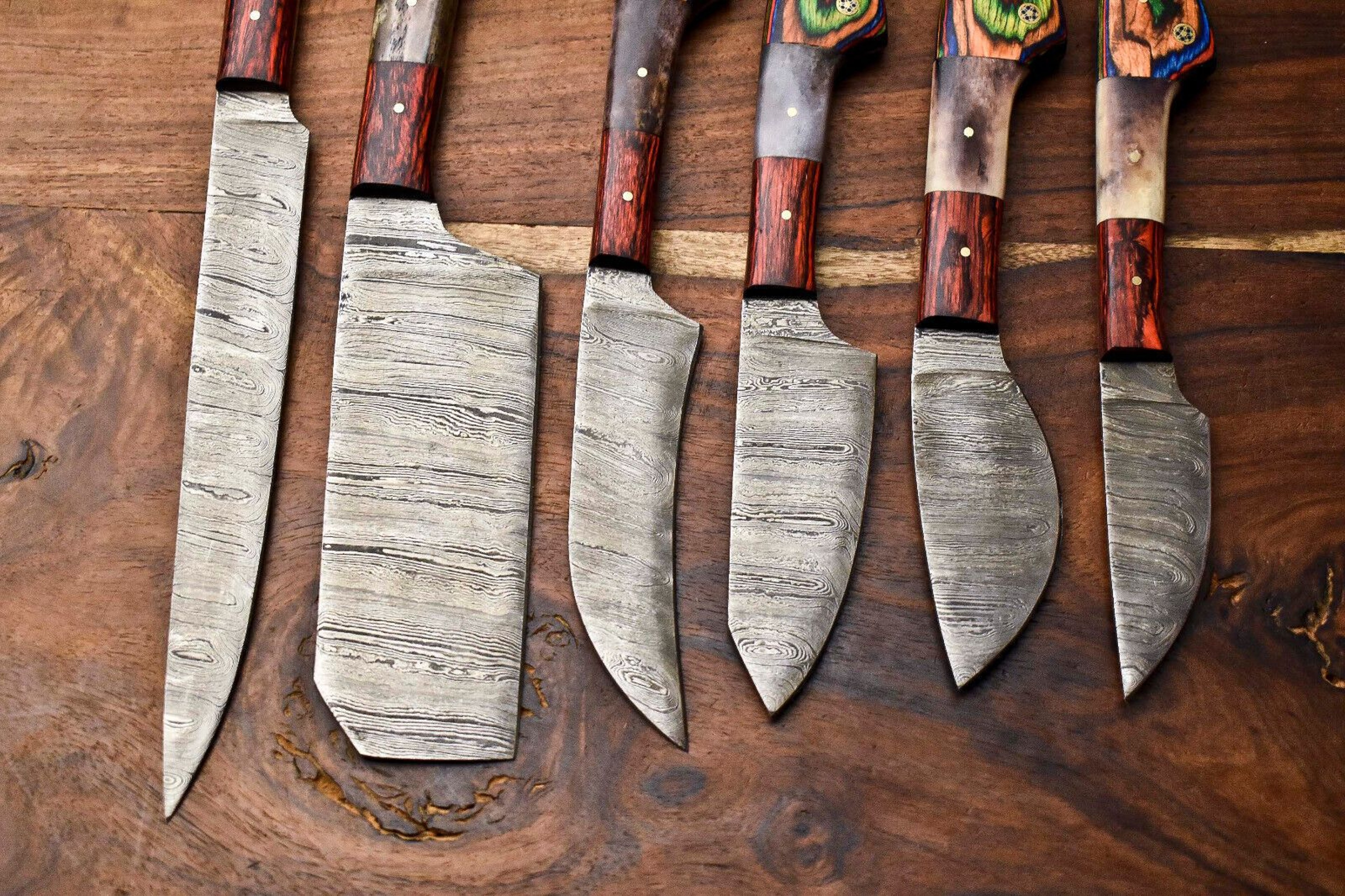 Custom Lot Of 6 Handmade Hammered Damascus Steel Chef Knives Set  Professional Kitchen Cutlery Coll