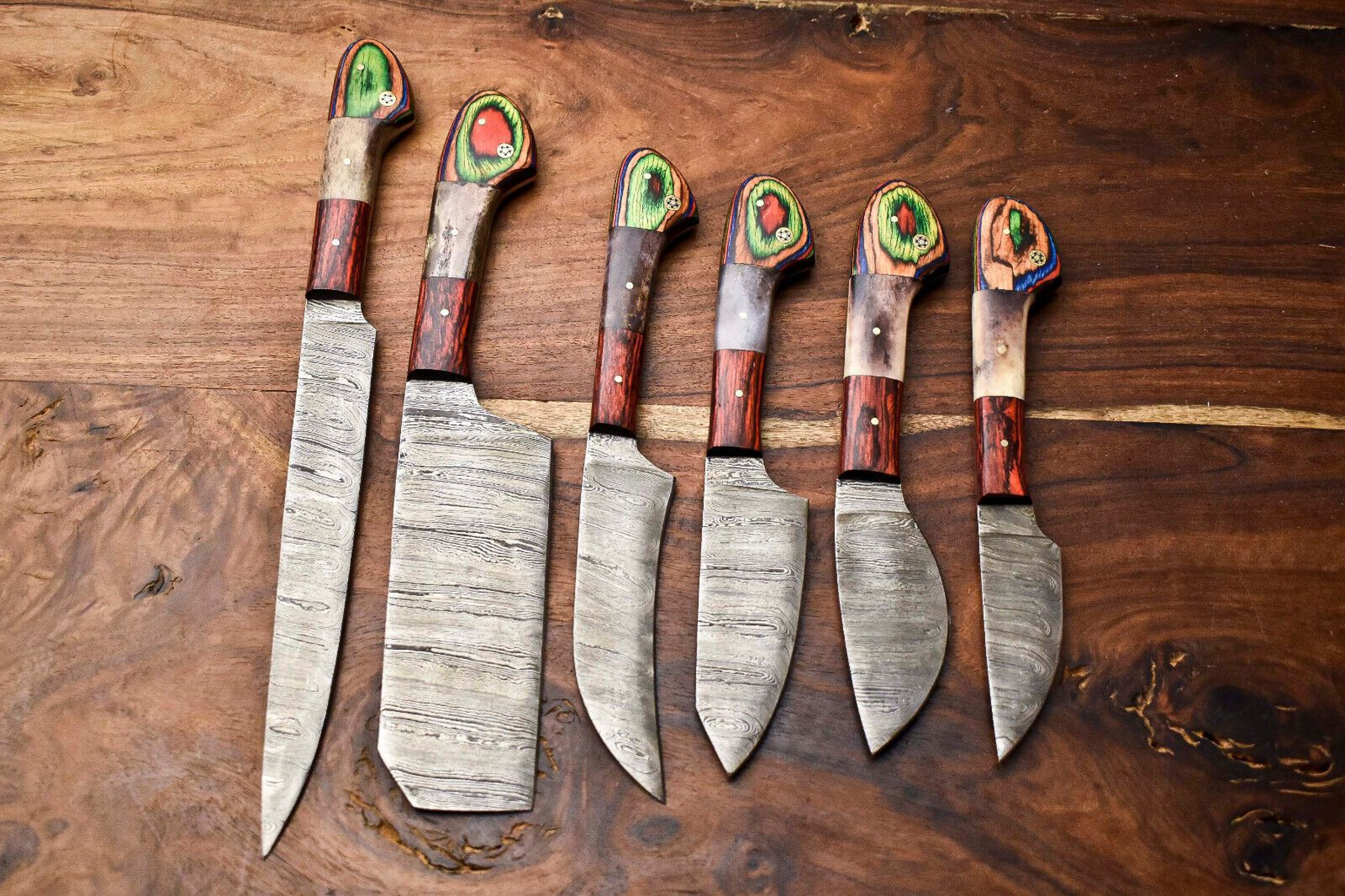 Custom Lot Of 6 Handmade Hammered Damascus Steel Chef Knives Set  Professional Kitchen Cutlery Coll