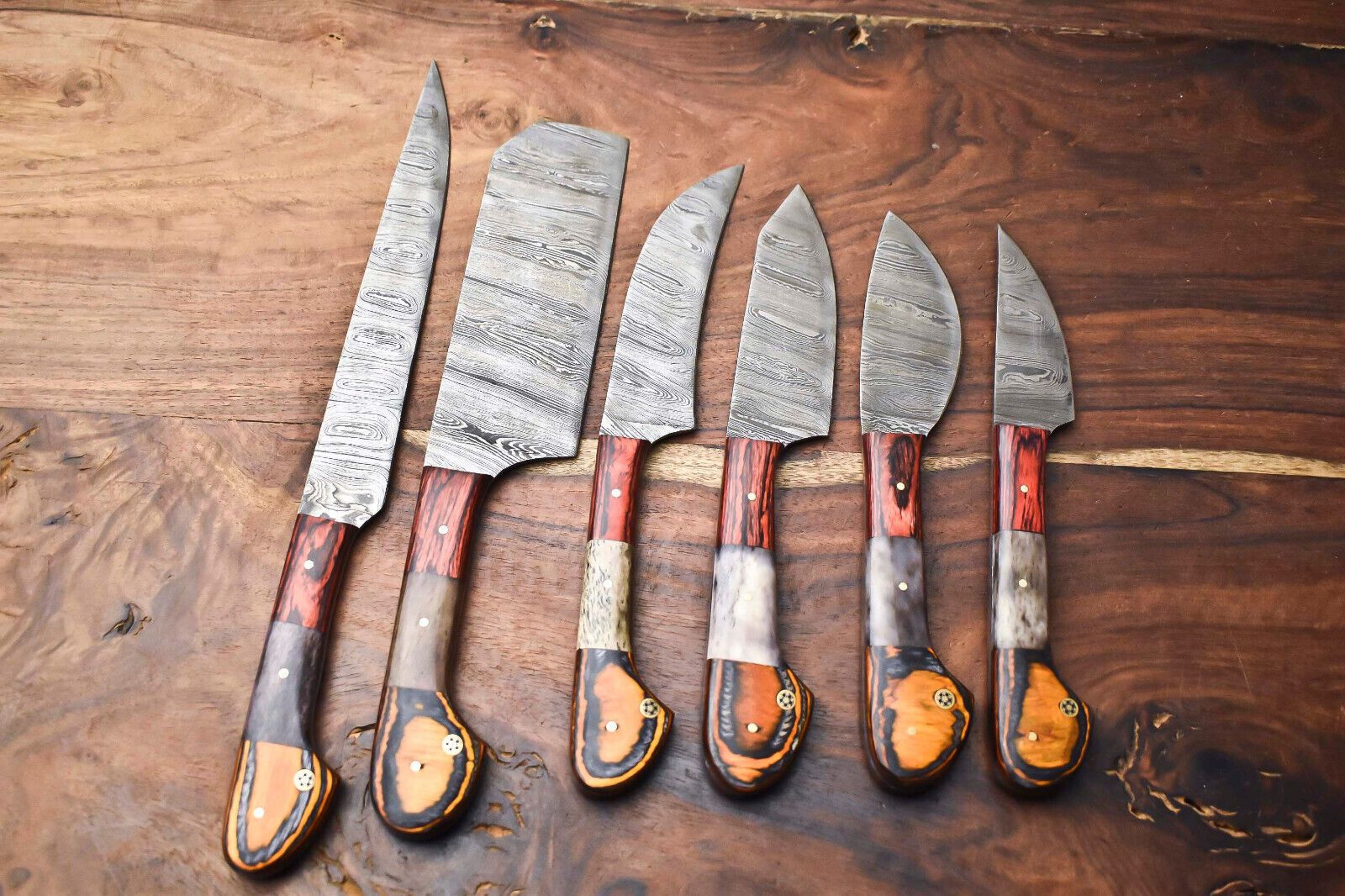 Professional 6Piece Damascus Steel Chef Knives  Handmade Hammered Kitchen Knife Collection 1