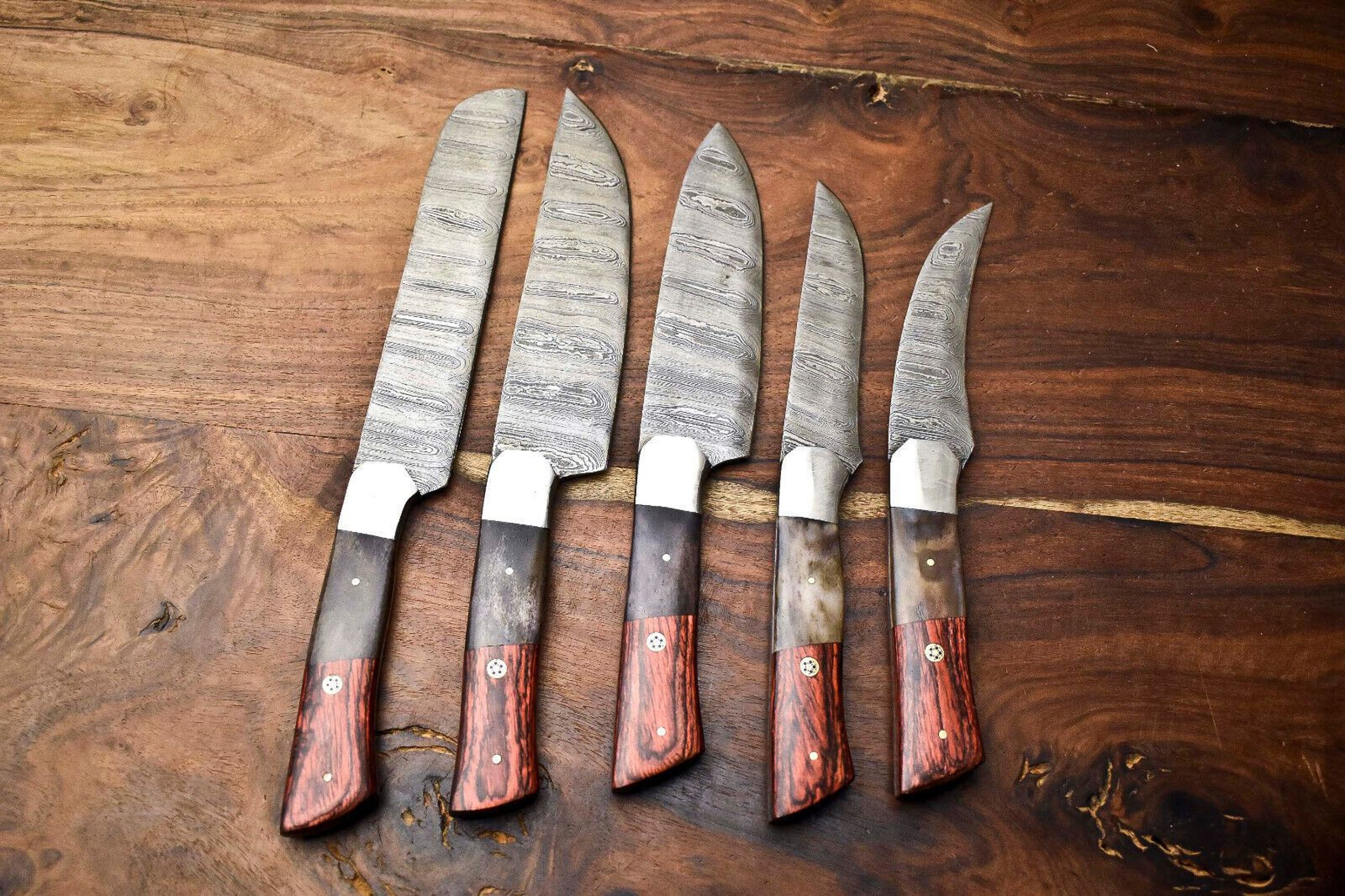 Custom Handmade Hammered Damascus Steel Chef Knife Set  Lot Of 5 Kitchen Tools 1