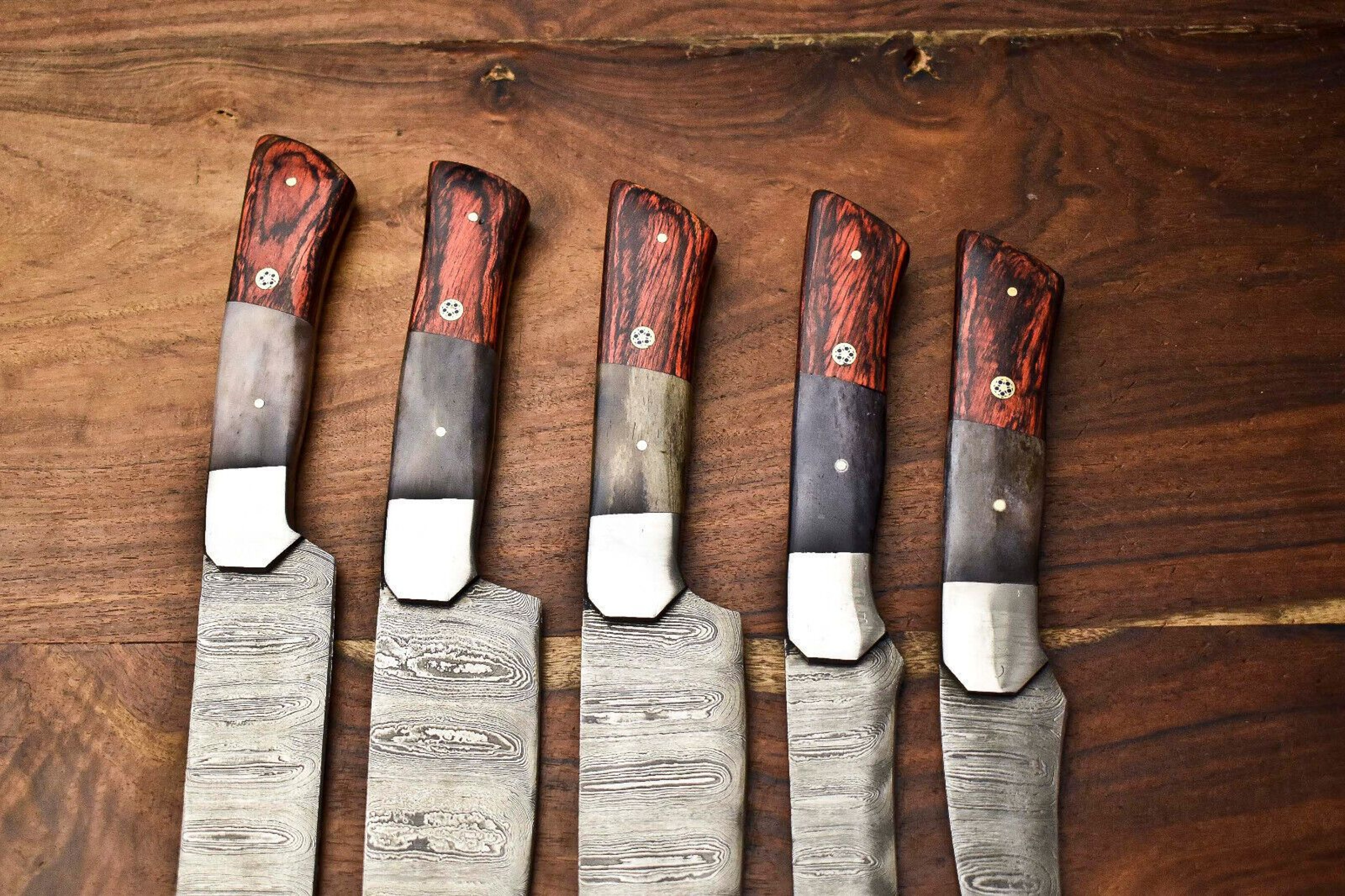 Custom Handmade Hammered Damascus Steel Chef Knife Set  Lot Of 5 Kitchen Tools 2