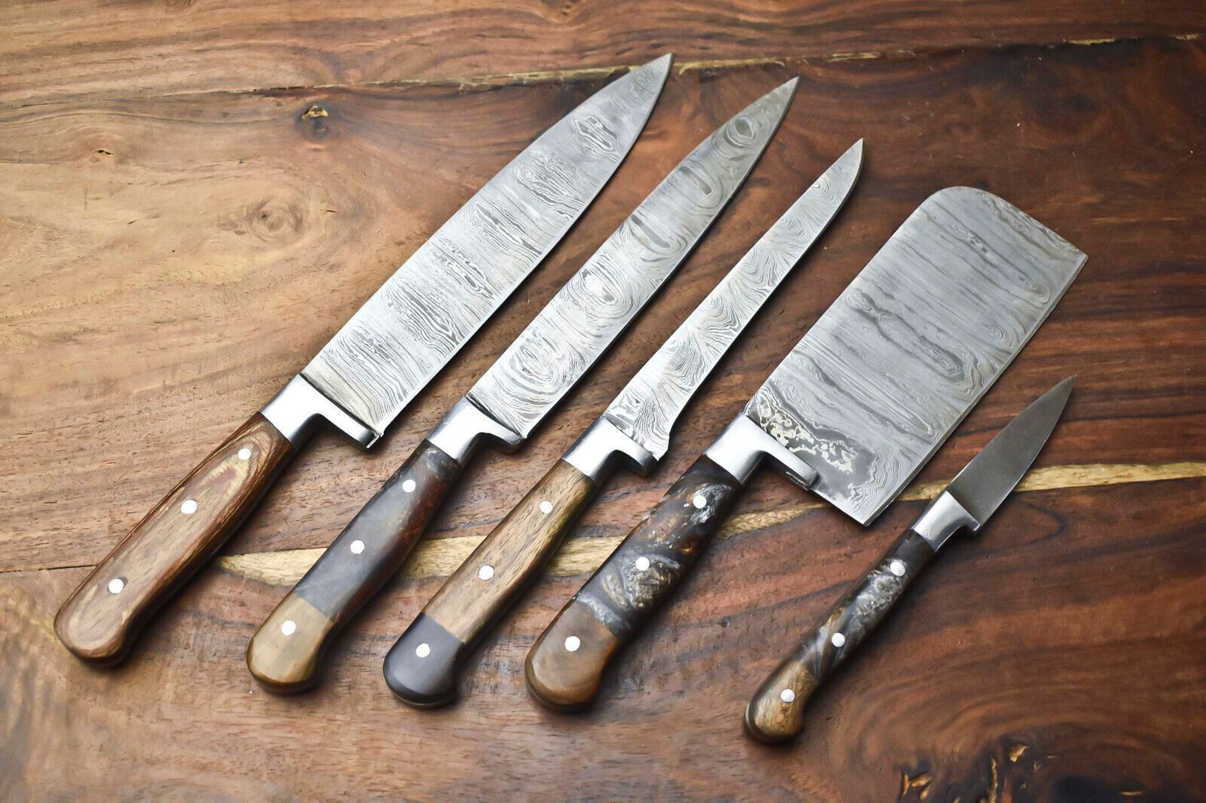 Custom Lot Of 5 Handmade Hammered Damascus Steel Chef Knives Set  Professional Kitchen Cutlery Coll