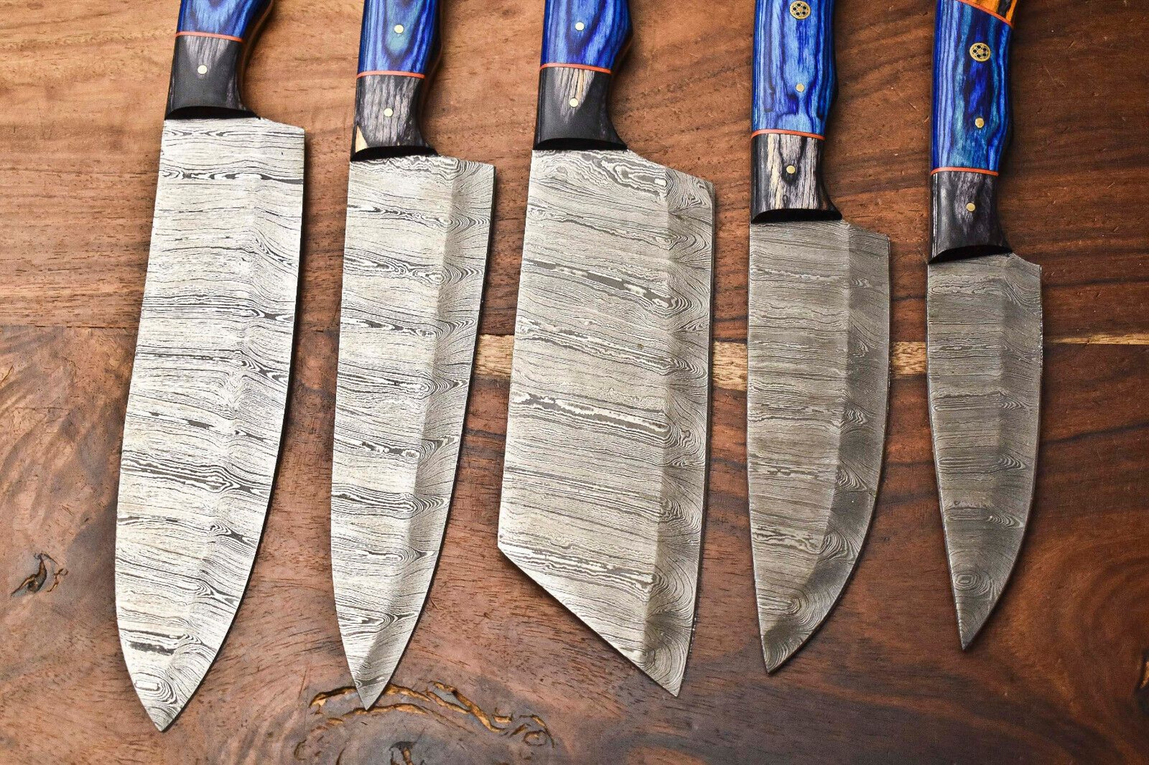 5Piece Handmade Damascus Steel Chef Knife Set  Custom Hammered Kitchen Cutlery 3