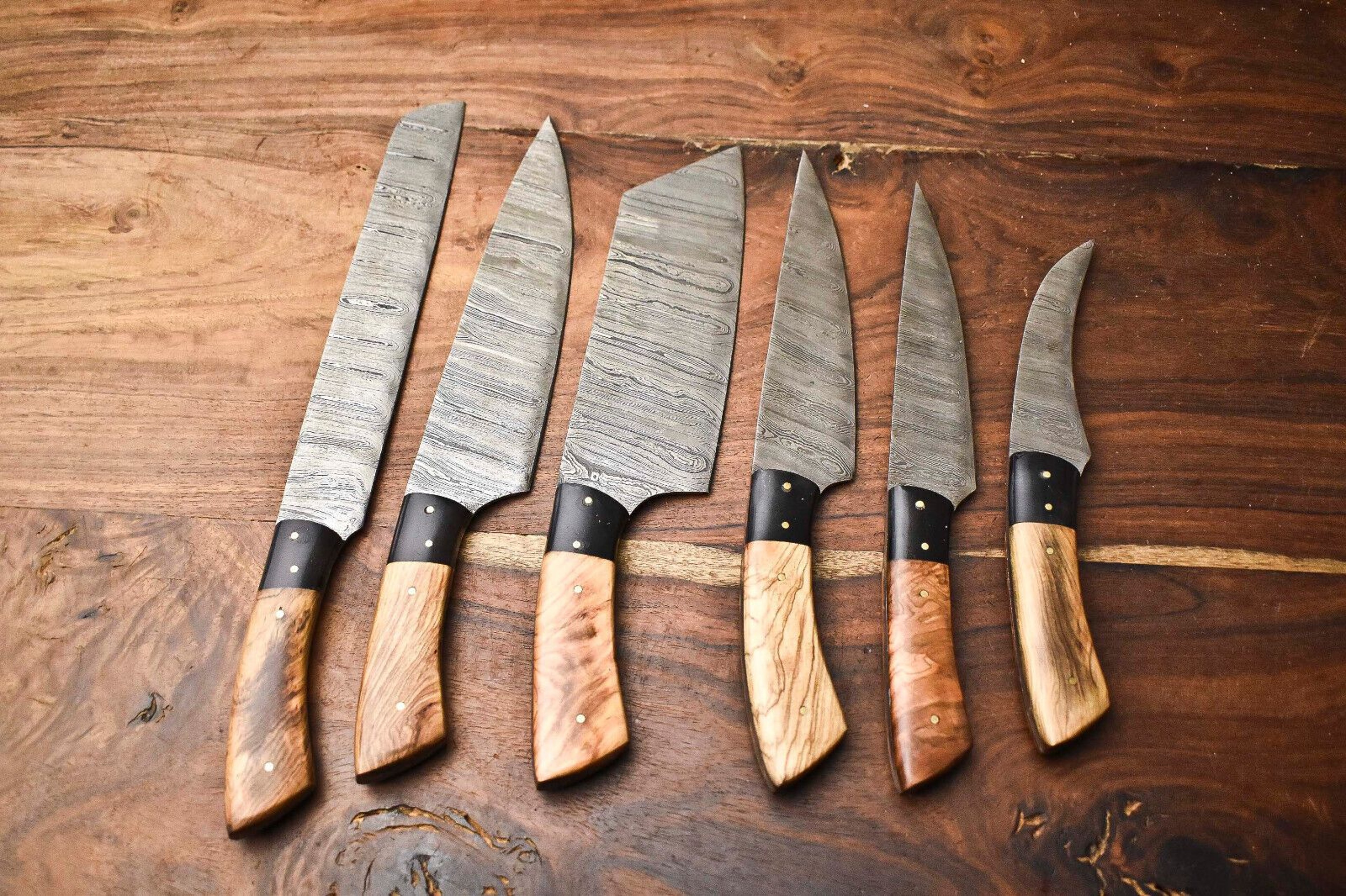 Custom Lot Of 6 Handmade Hammered Damascus Steel Chef Knives Set  Professional Kitchen Cutlery 1