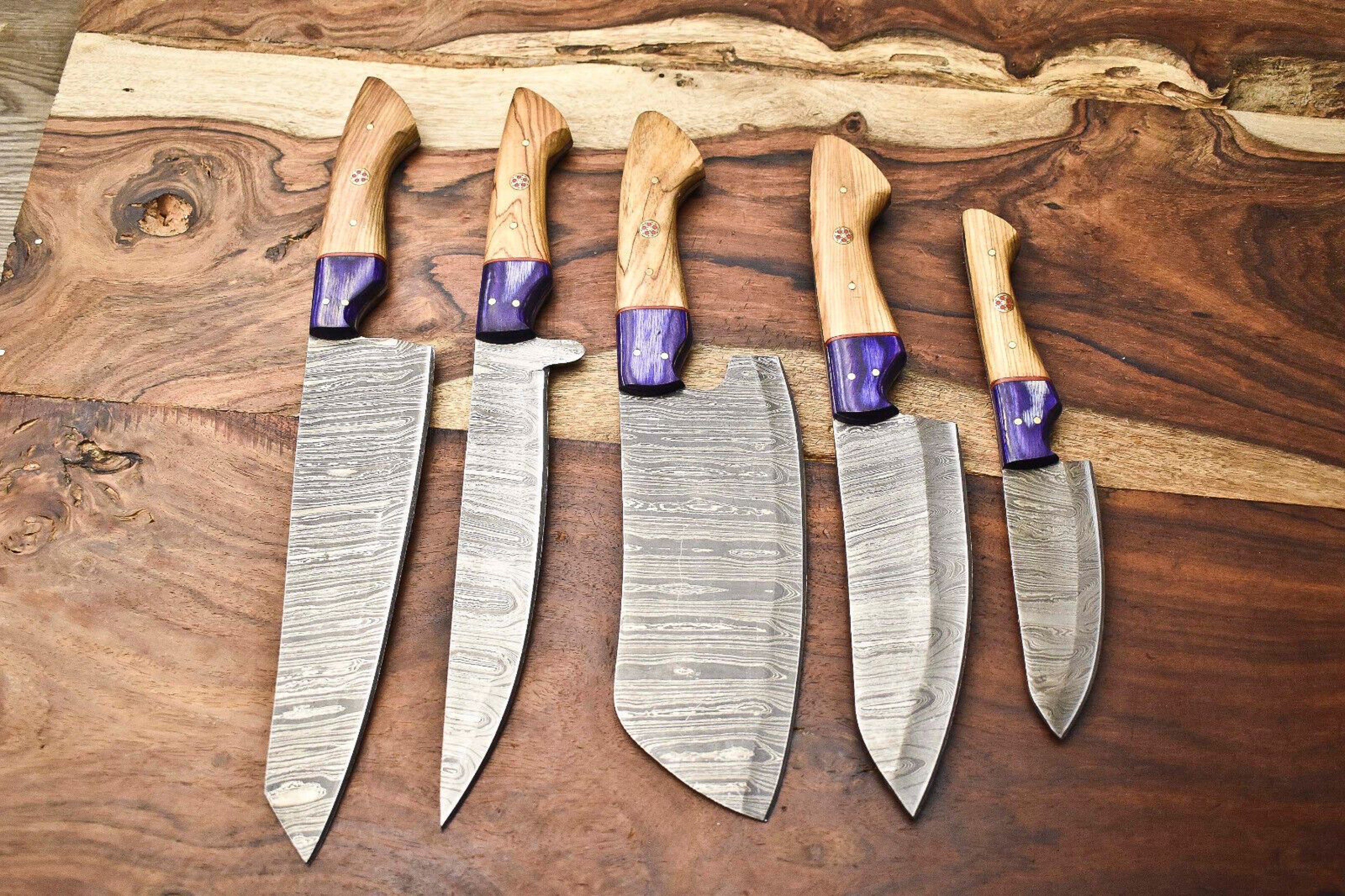 Lot Of 5 Handmade Damascus Steel Chef Knives  Premium Kitchen Collection 0