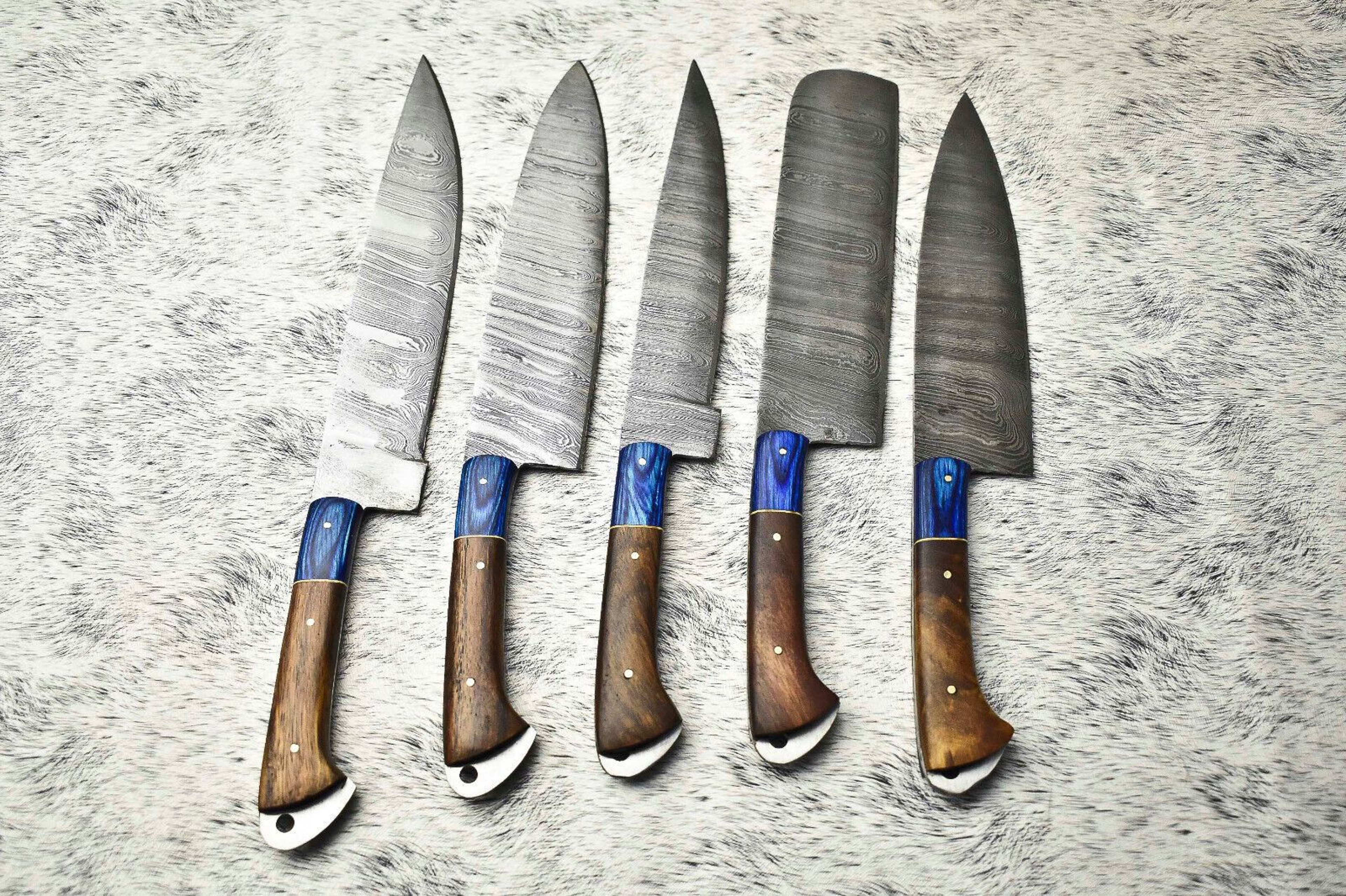 Unique 5Piece Damascus Steel Kitchen Knife Set  Custom Wood Handle Design 1
