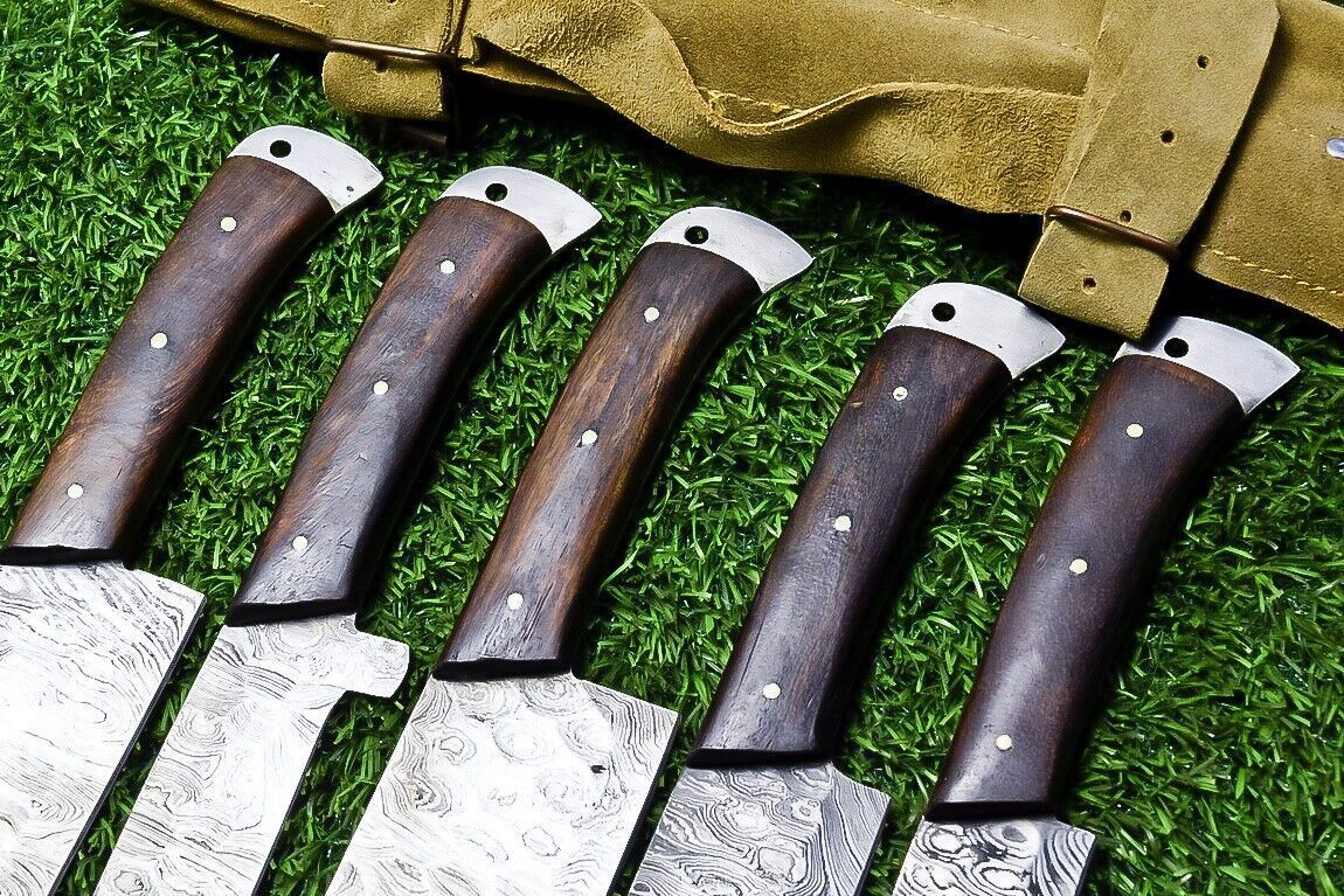 5Piece Handmade Damascus Steel Chef Knife Set  Custom Forged Kitchen Knives With Wood Handle  Sheat 2