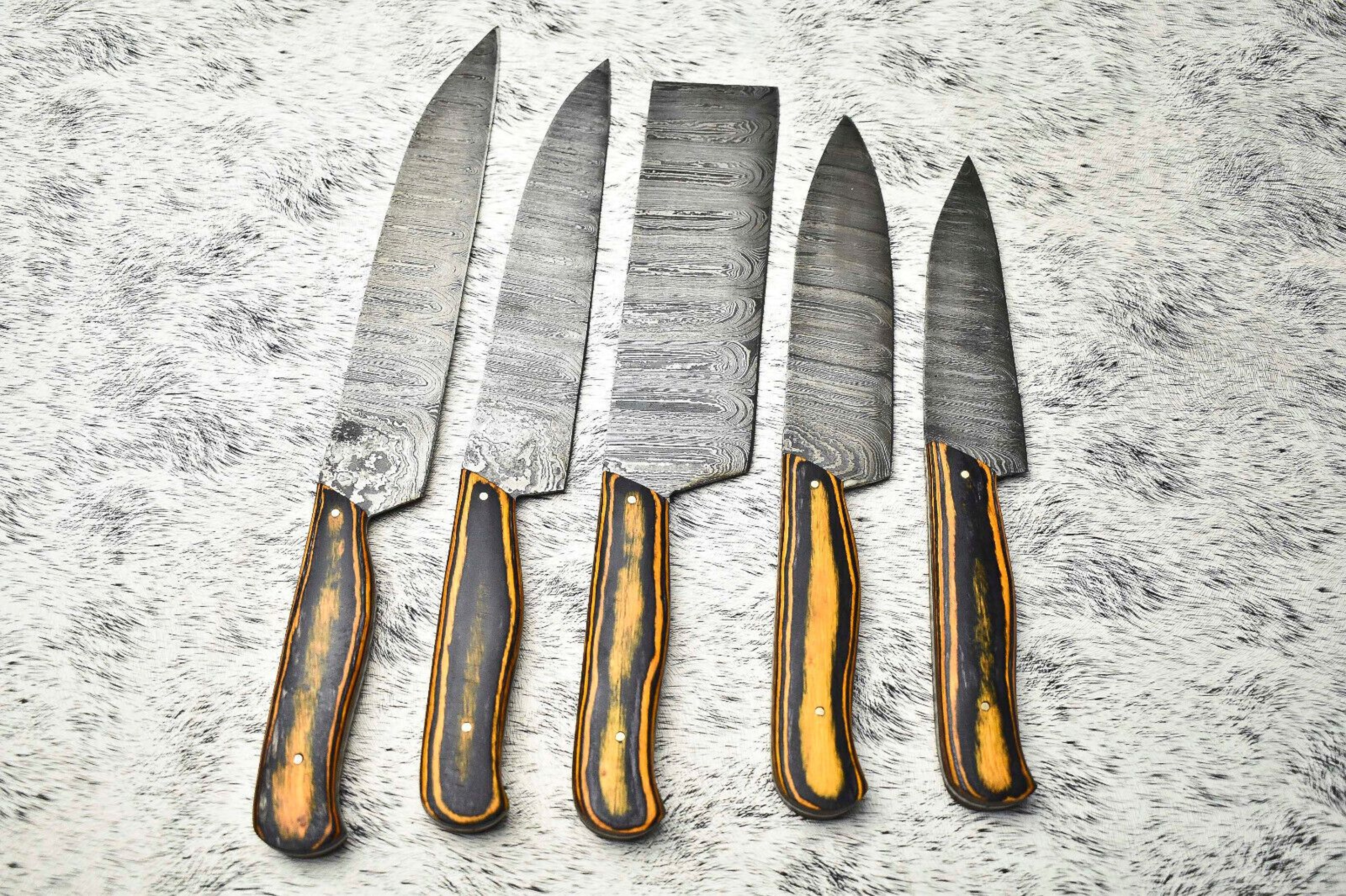 Lot Of 5 Handmade Damascus Hammered Full Tang Chef Knife Set  Hardwood Handle Kitchen Knives 1