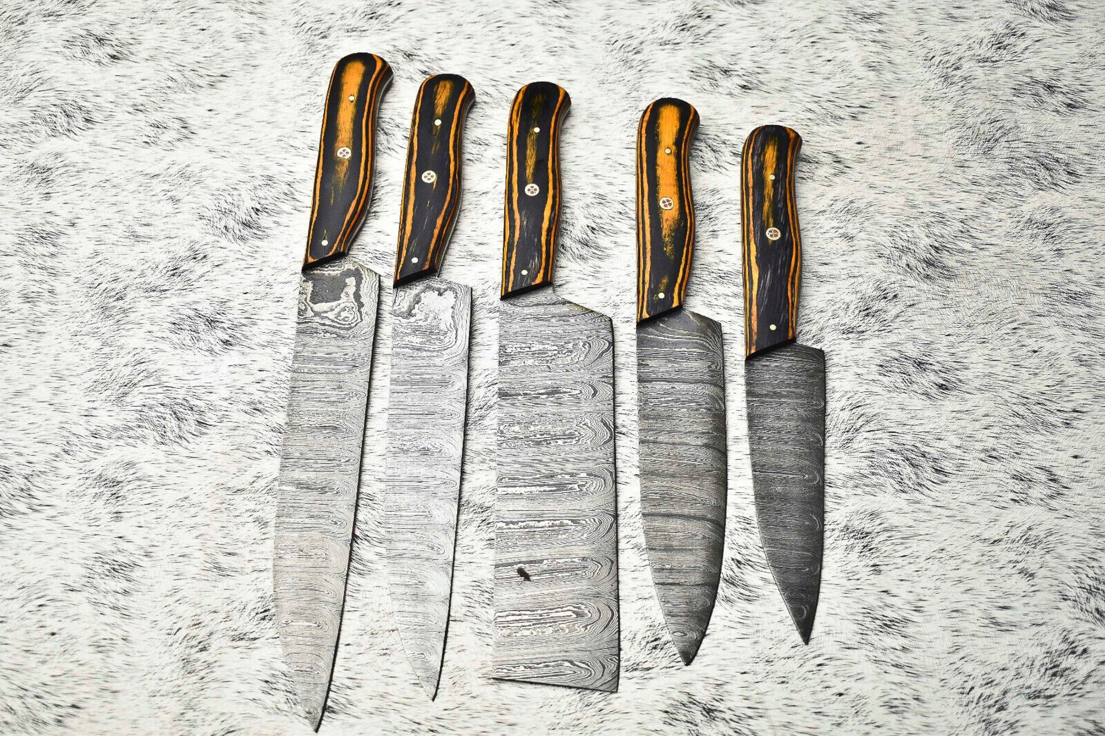 Lot Of 5 Handmade Damascus Hammered Full Tang Chef Knife Set  Hardwood Handle Kitchen Knives 0