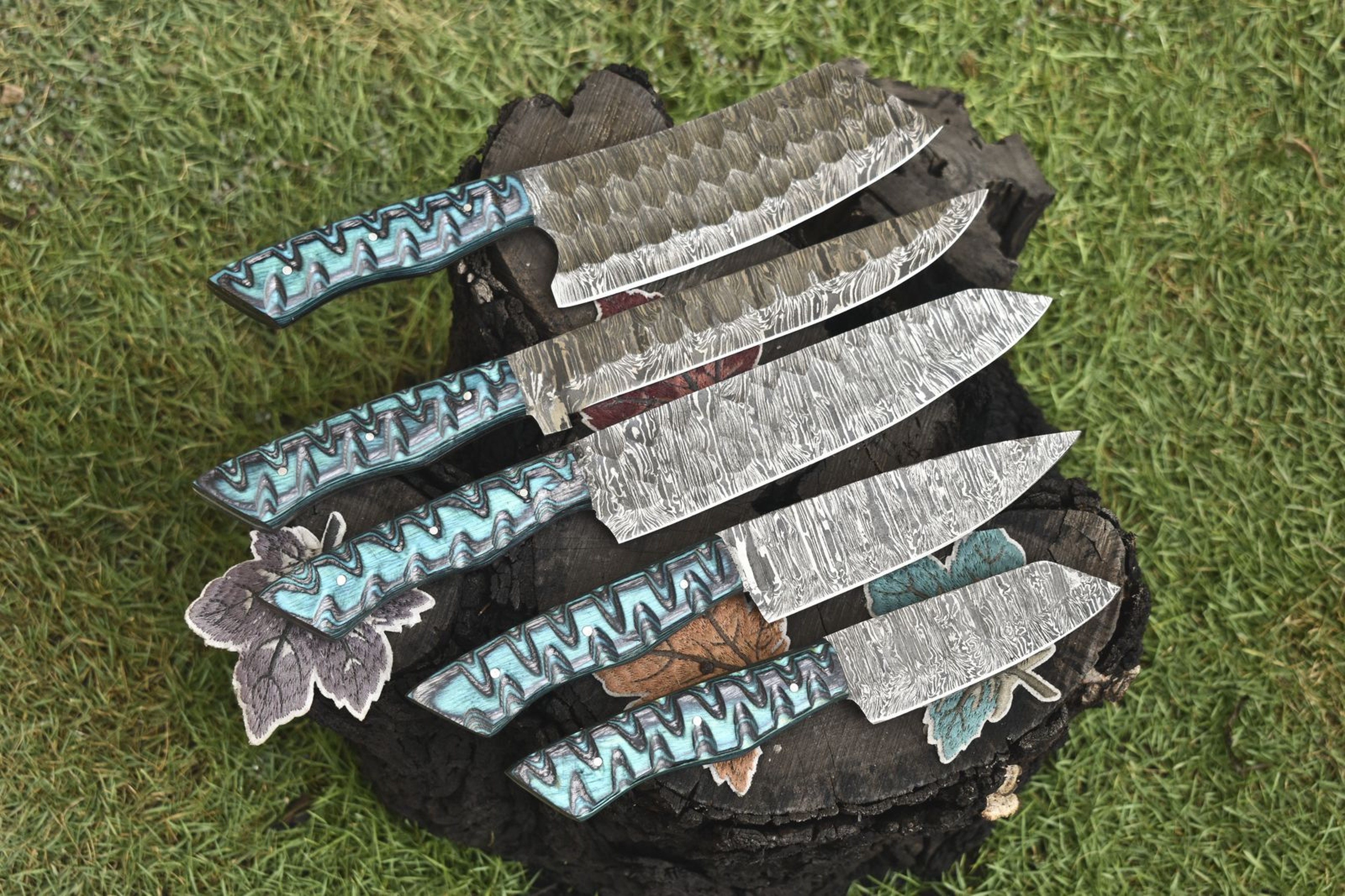 Forged Damascus Steel Chef Knives  5Piece Twist Pattern Hardwood Set 2