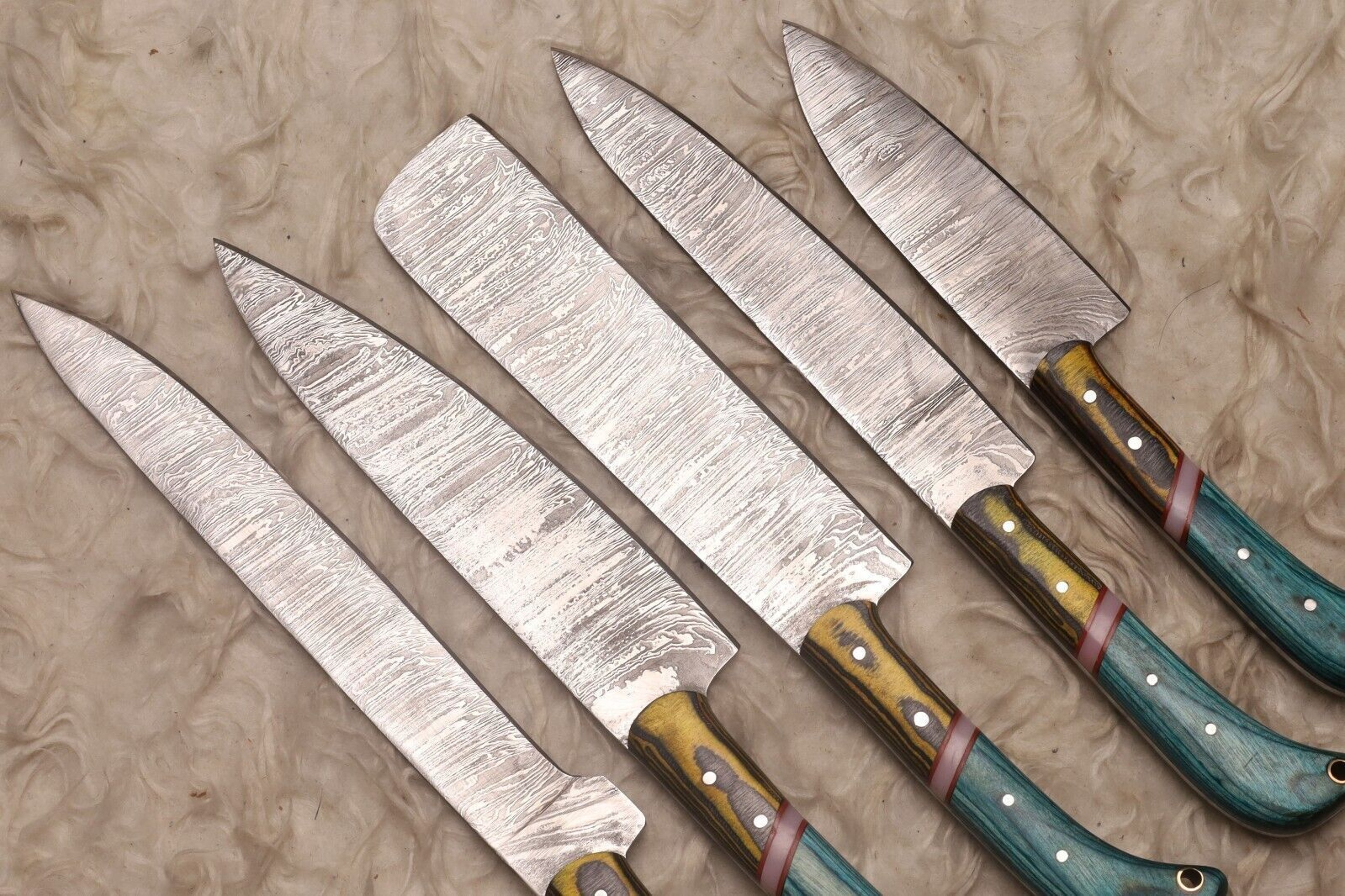 Custom Forged Damascus Steel 5 Piece Chef Knife Collection  Premium Set 1