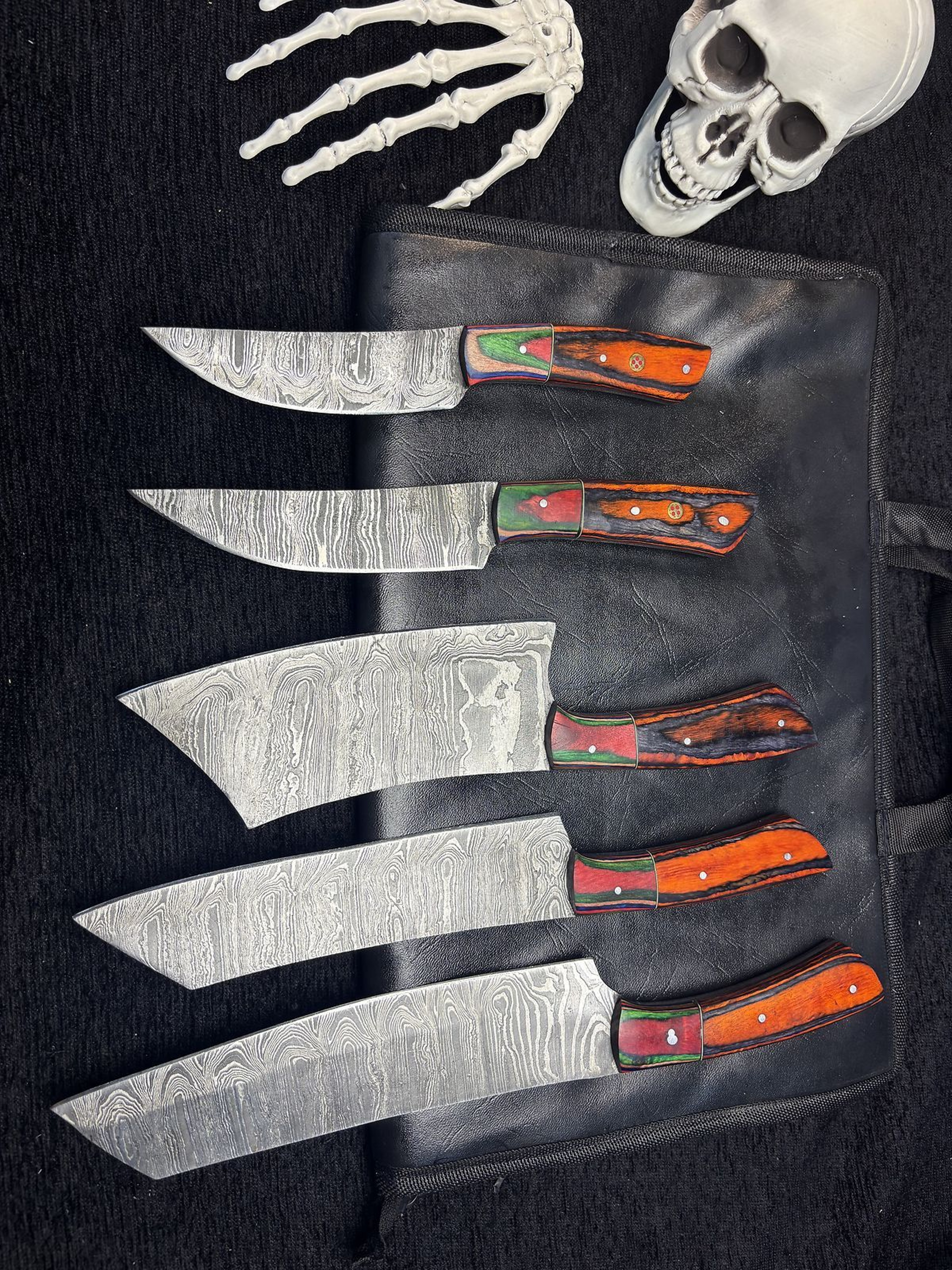 Luxury 5 Pc Handmade Damascus Steel Chef Knife Collection  Sharp Kitchen Knives 0
