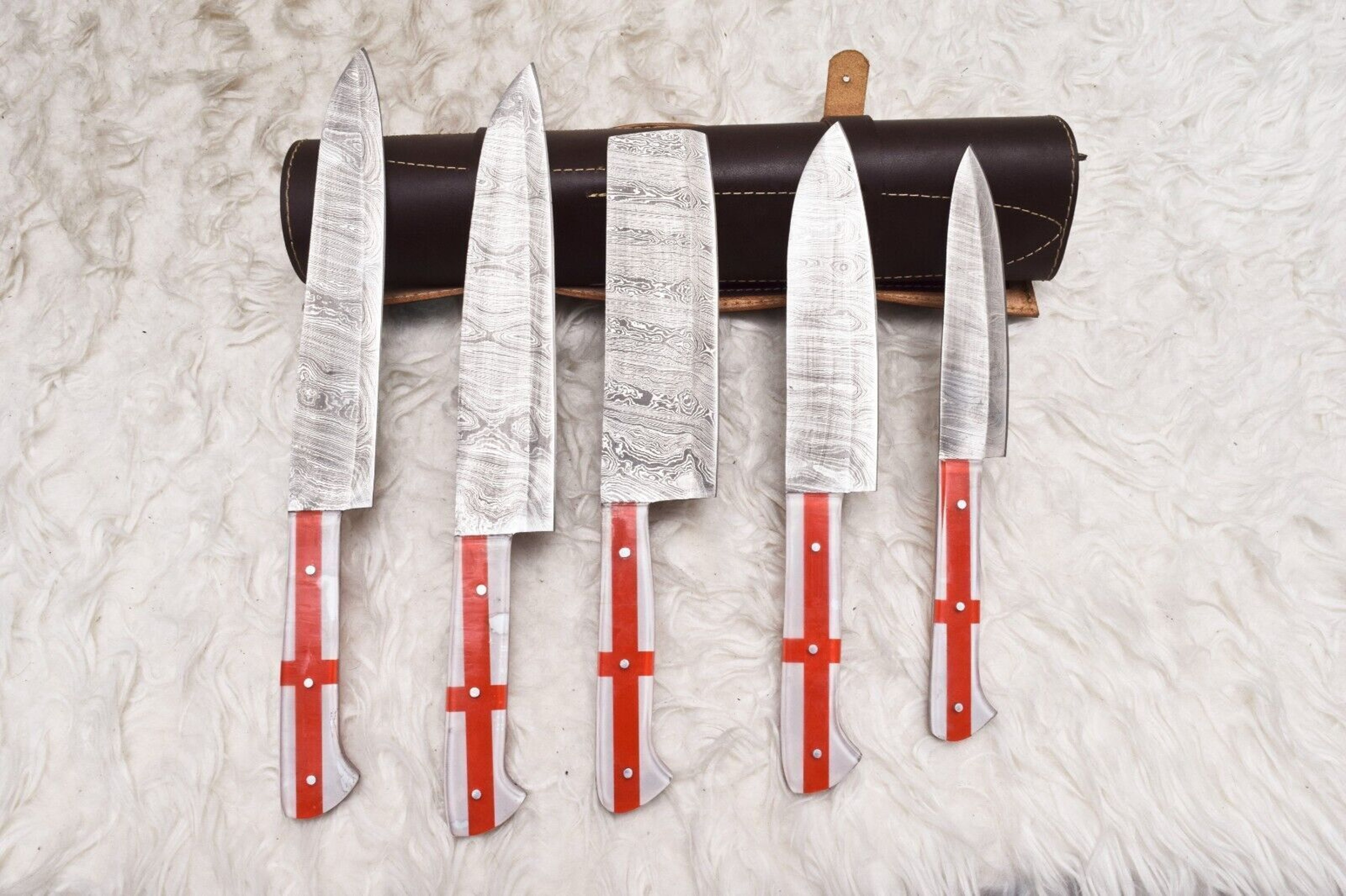 Timeless Damascus Steel Chef Knife Set  5 Pc Handcrafted Wood Handle 1