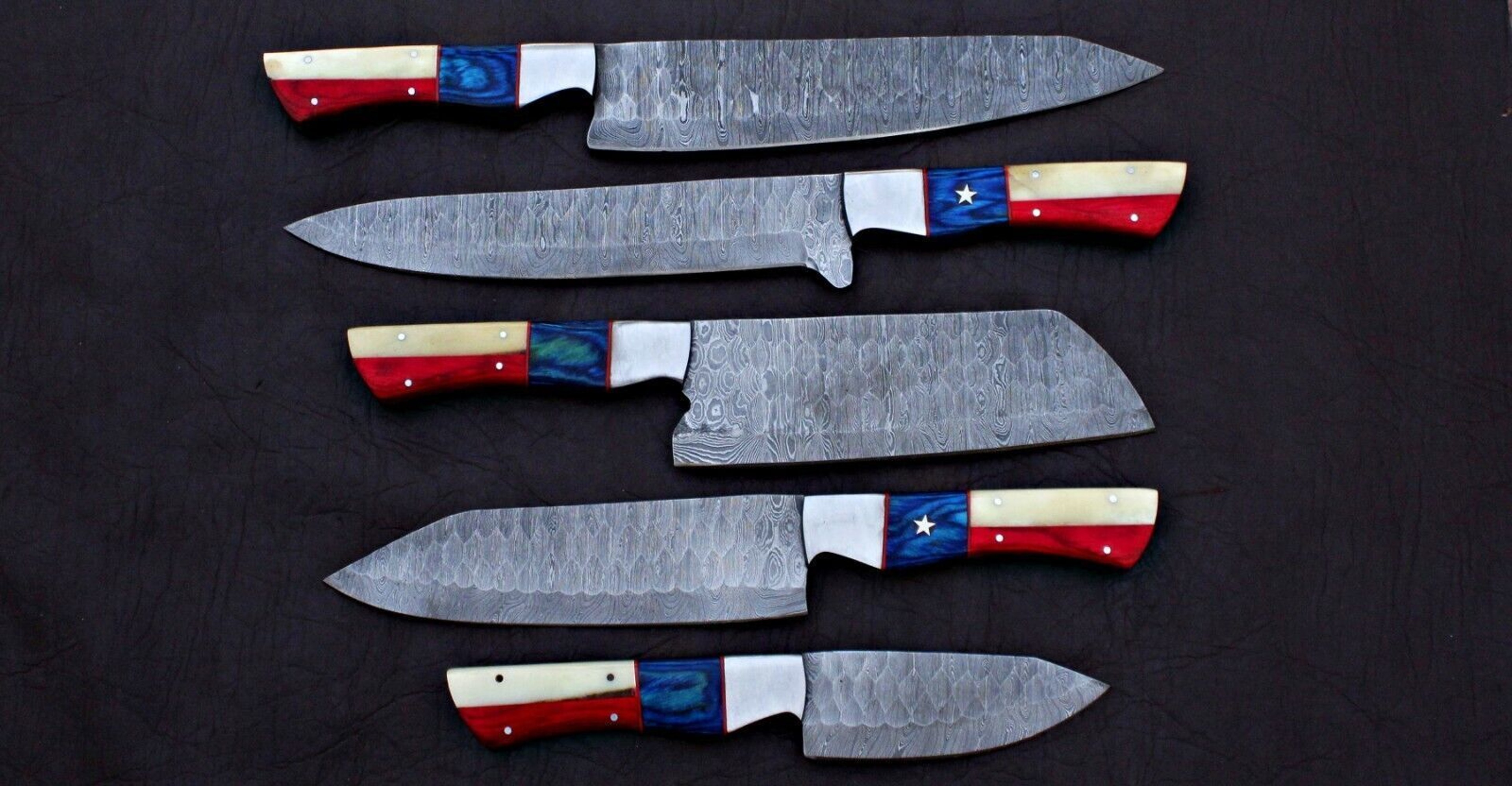 Custom Forged Twist Damascus Chef Knife Set  Lot Of 5 Handmade Knives With Micarta Handle  Micarta  1