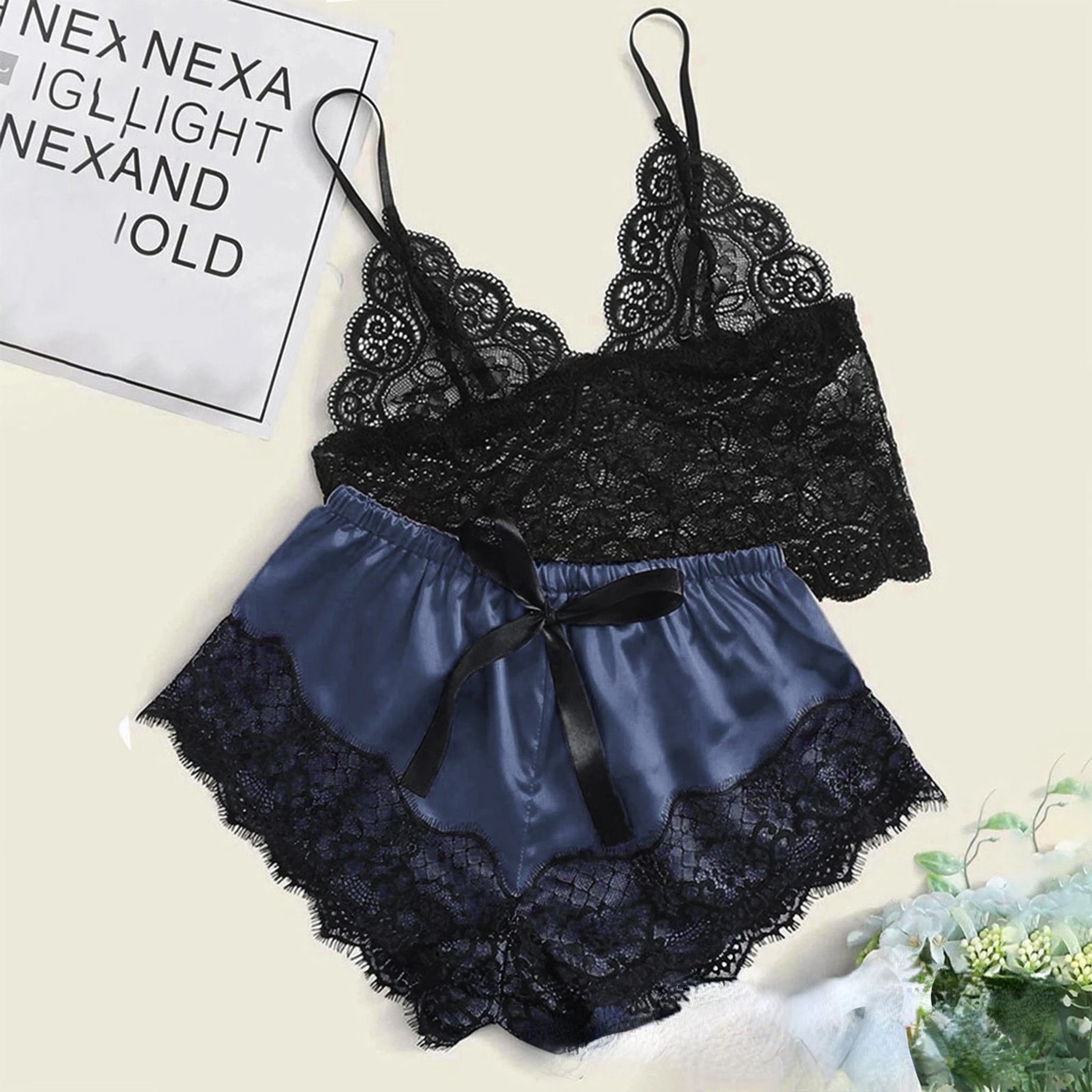 Lace Pajama Set Sexy Sleepwear For Women Top Shorts Lingerie Comfortable Underwear Pajama Set 0