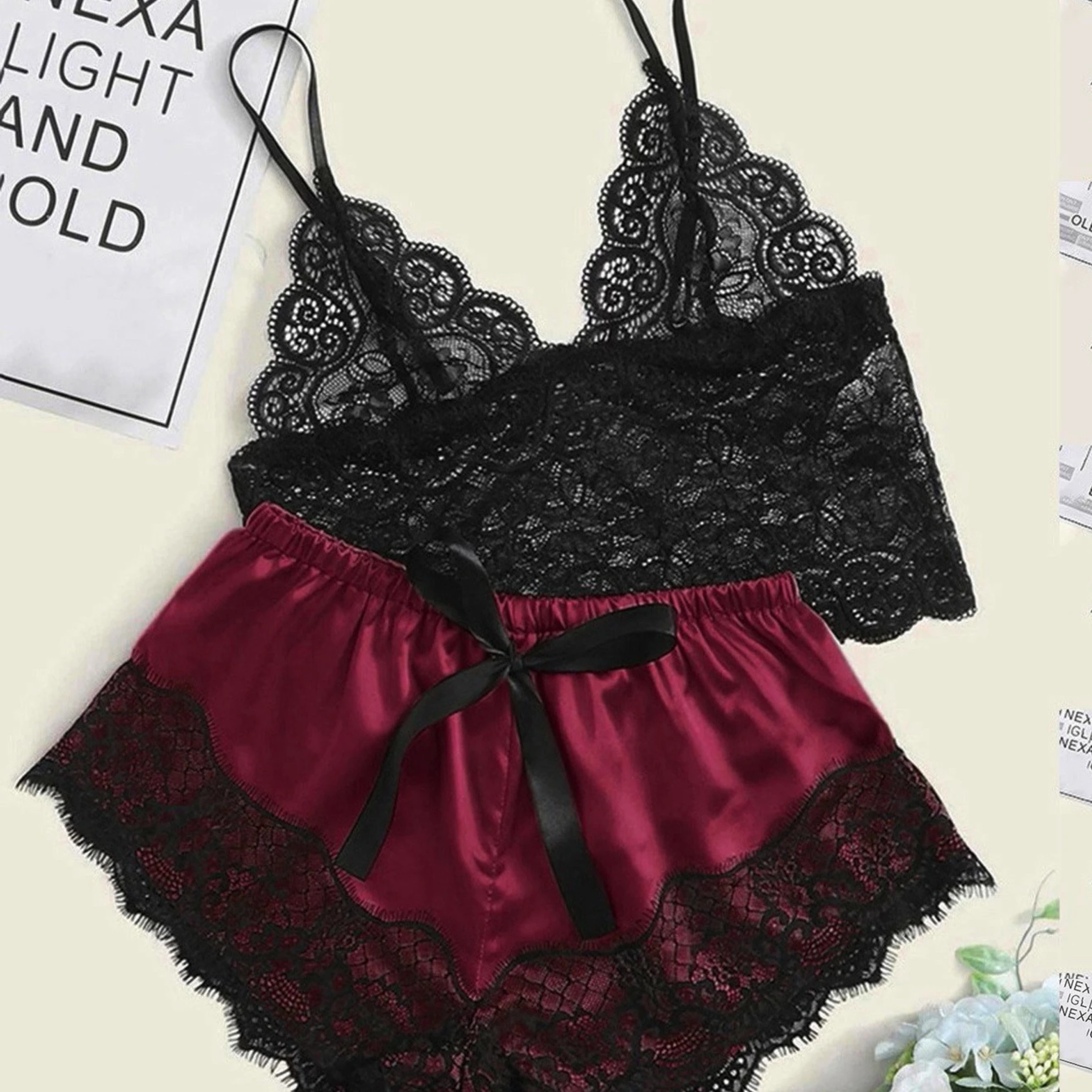 Lace Pajama Set Sexy Sleepwear For Women Top Shorts Lingerie Comfortable Underwear Pajama Set 4