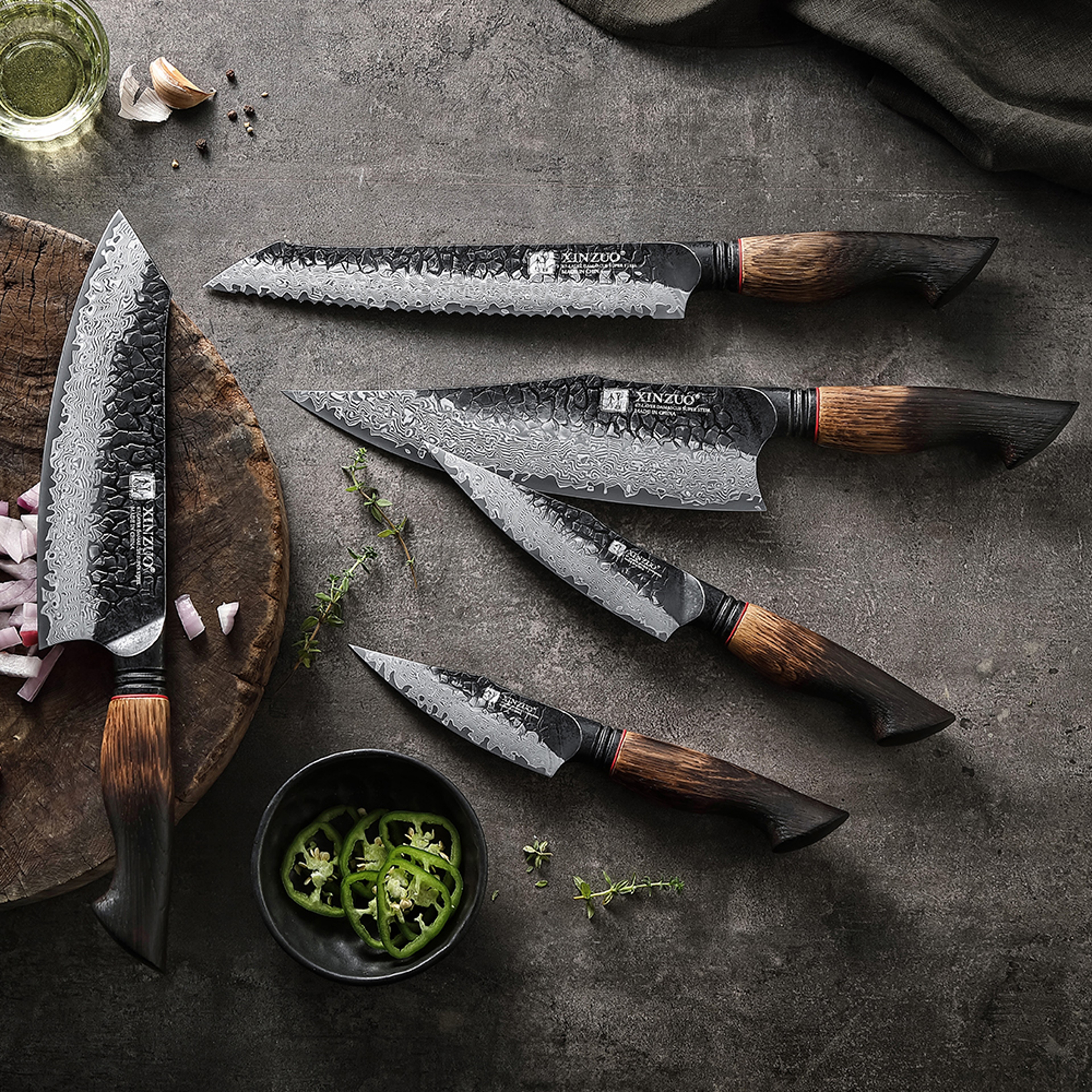 Utility Santoku Chef Knife Set Oak Handles Paring Bread Knife Easy Handling And Great Grip Knives 1