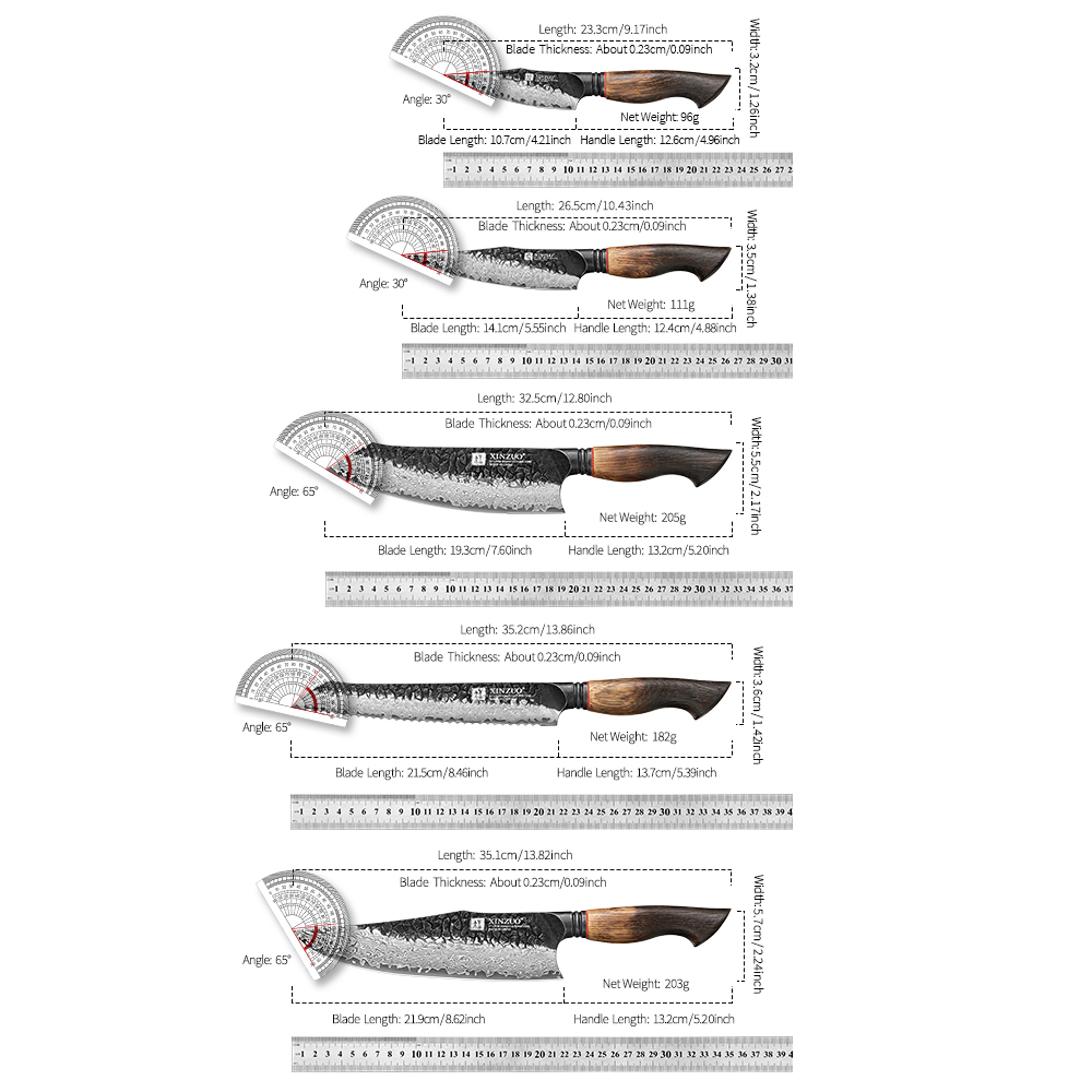 Utility Santoku Chef Knife Set Oak Handles Paring Bread Knife Easy Handling And Great Grip Knives 5