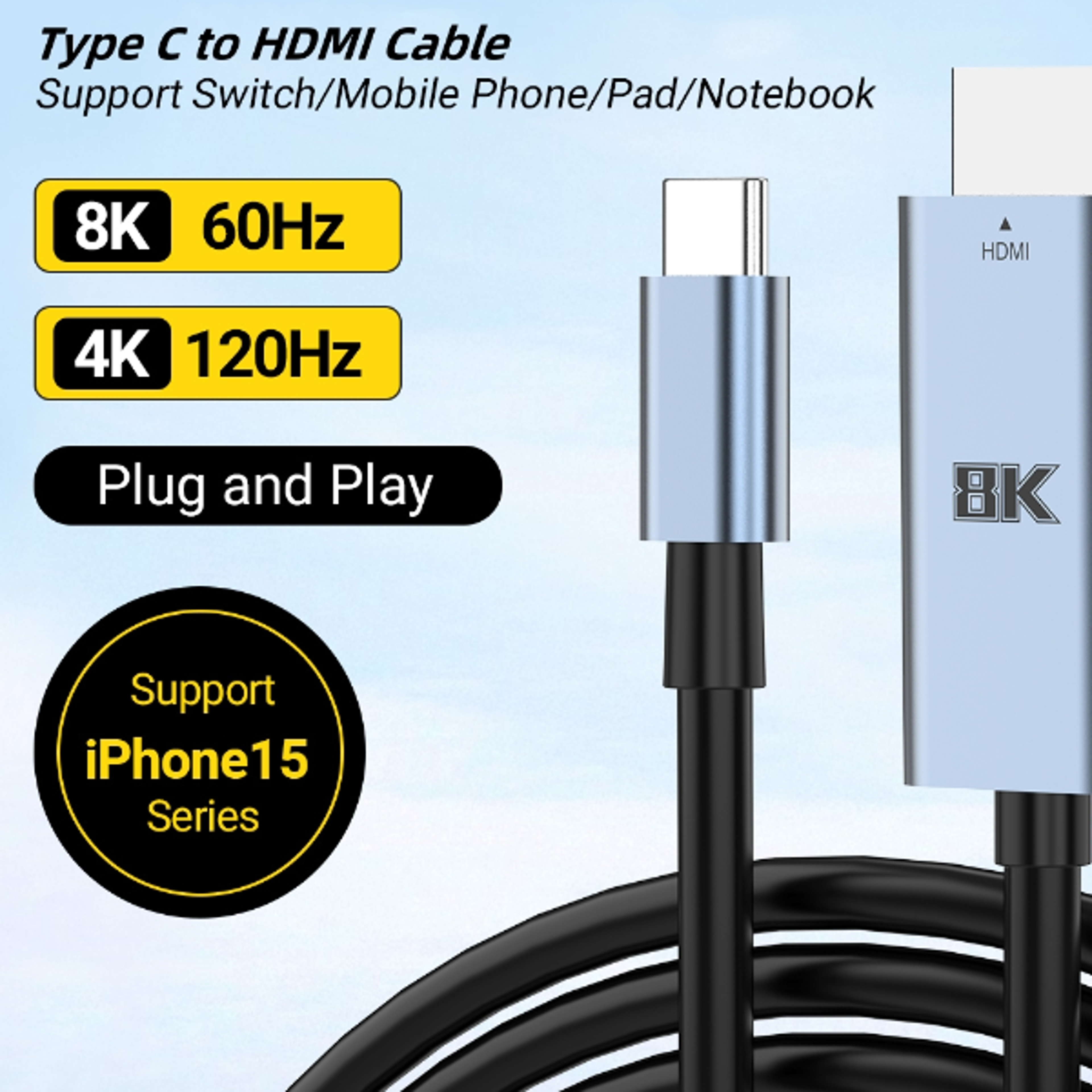 Type C to HDMI Cable 8k60Hz 4K120Hz USB C to HDMICompatible HDTV Cable Adapter for TV Converter M