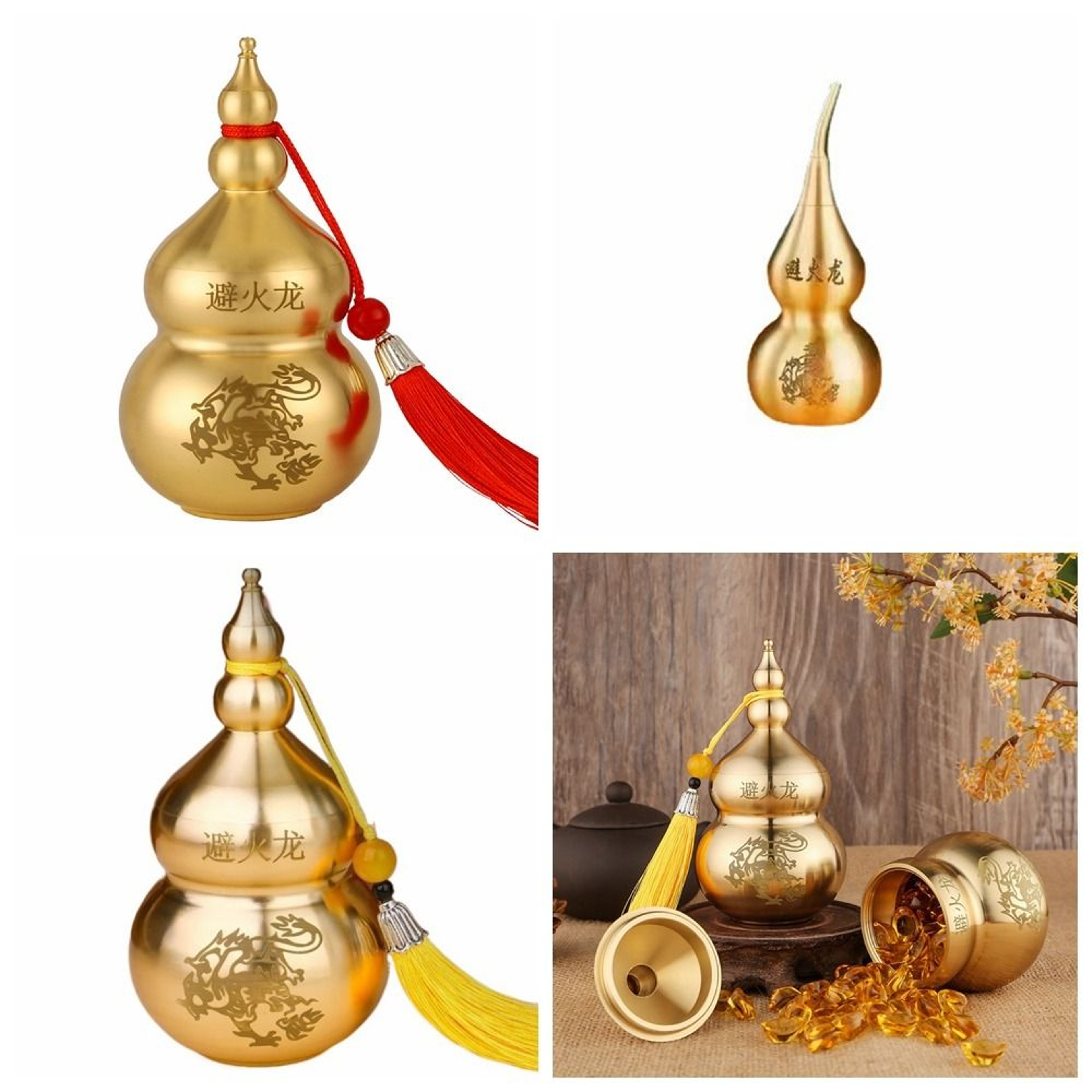 Chinese Brass Feng Shui Wu Lou Gourd Desk Statue Retro Dragon Ornament – view 2